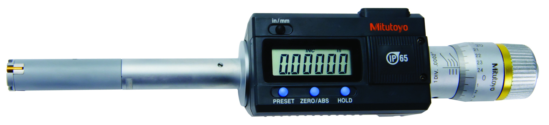Mitutoyo, 468-264, .5-.65 In/12.7-16.51mm, .00005 In/0.001mm, Digimatic Holtest, Titanium Nitride Coated Contact Points, With SPC Output, Ratchet Stop