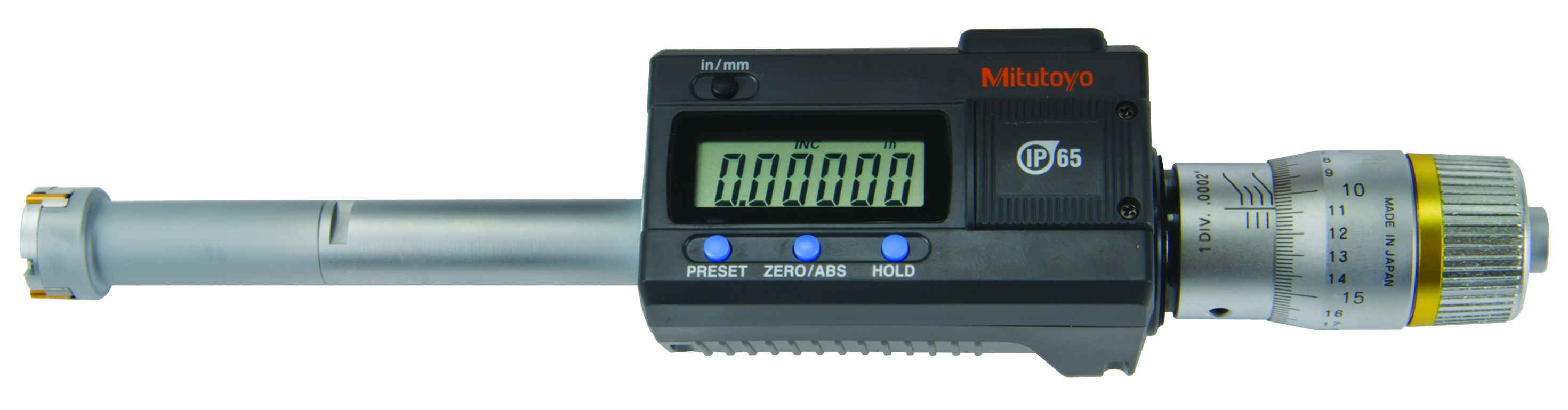 Mitutoyo, 468-265, .65-.8 In/16.51-20.32mm, .00005 In/0.001mm, Digimatic Holtest, Titanium Nitride Coated Contact Points, With SPC Output, Ratchet Stop
