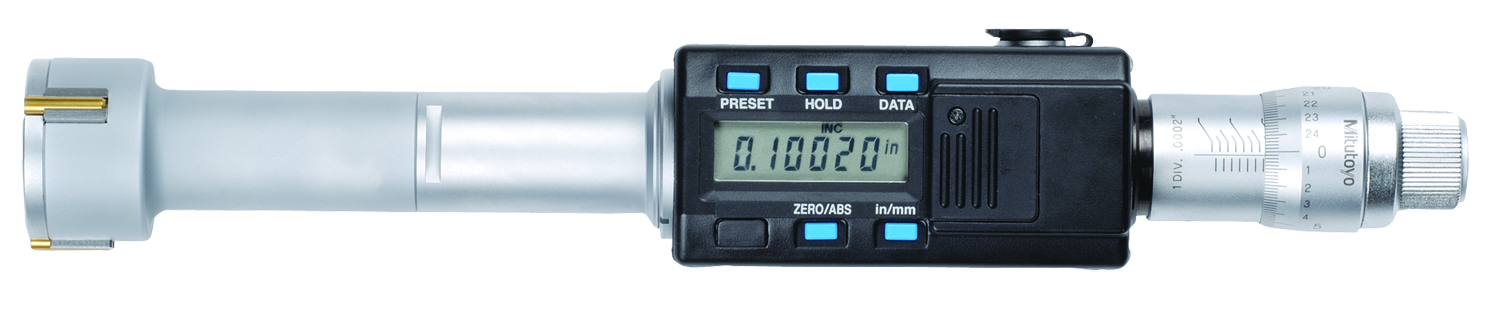 Mitutoyo, 468-267, 1-1.2 In/25.4-30.48mm, .00005 In/0.001mm, Digimatic Holtest, Titanium Nitride Coated Contact Points, With SPC Output, Ratchet Stop