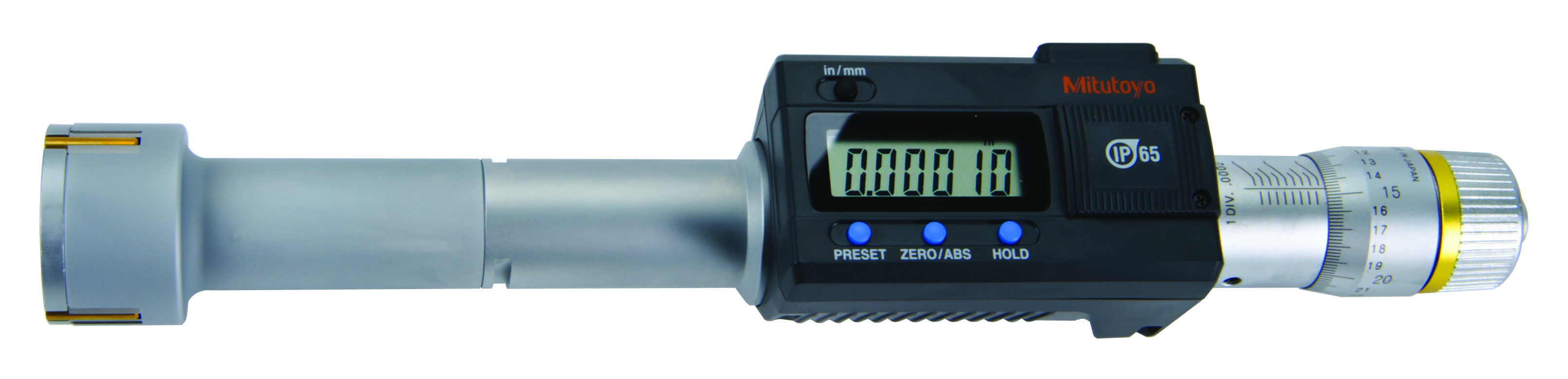 Mitutoyo, 468-268, 1.2-1.6 In/30.48-40.64mm, .00005 In/0.001mm, Digimatic Holtest, Titanium Nitride Coated Contact Points, With SPC Output, Ratchet Stop
