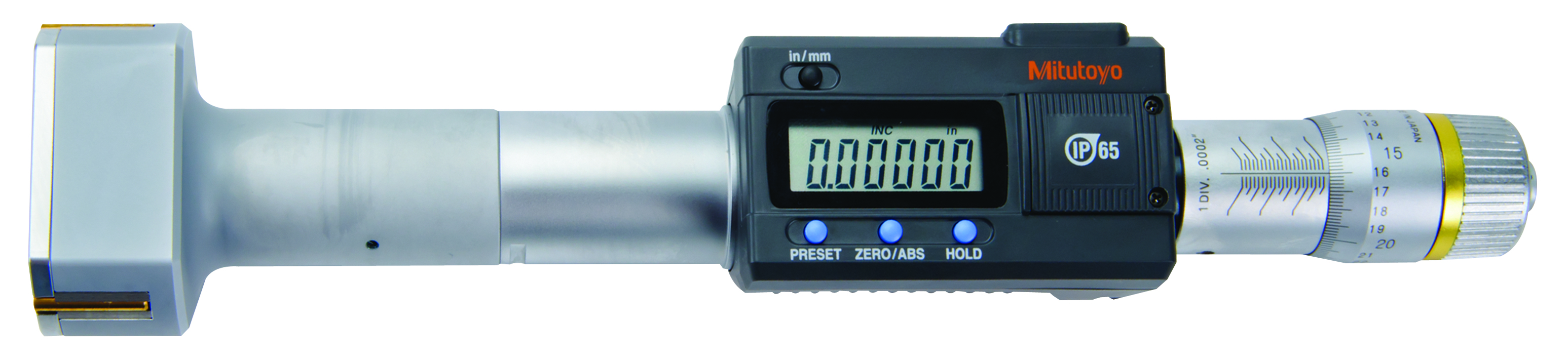 Mitutoyo, 468-270, 2-2.5 In/50.8-63.5mm, .00005 In/0.001mm, Digimatic Holtest, Titanium Nitride Coated Contact Points, With SPC Output, Ratchet Stop