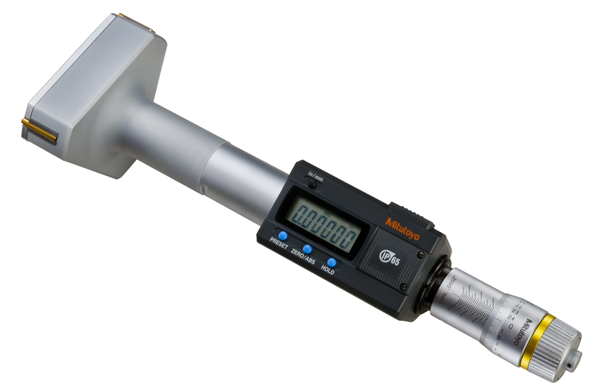 Mitutoyo, 468-272, 3-3.5 In/76.2-88.9mm, .00005 In/0.001mm, Digimatic Holtest, Titanium Nitride Coated Contact Points, With SPC Output, Ratchet Stop