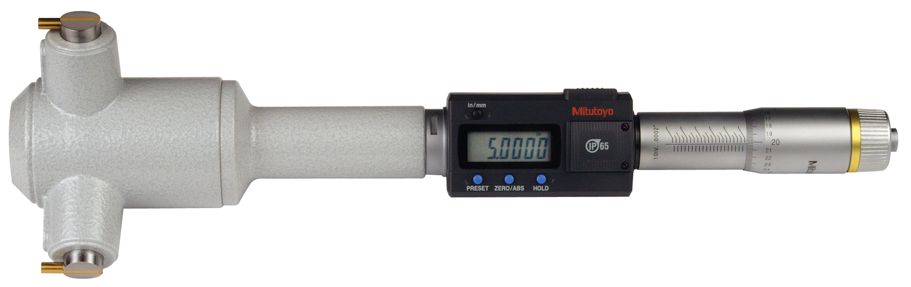 Mitutoyo, 468-274, 4-5 In/101.6-127mm, .00005 In/0.001mm, Digimatic Holtest, Titanium Nitride Coated Contact Points, With SPC Output, Ratchet Stop