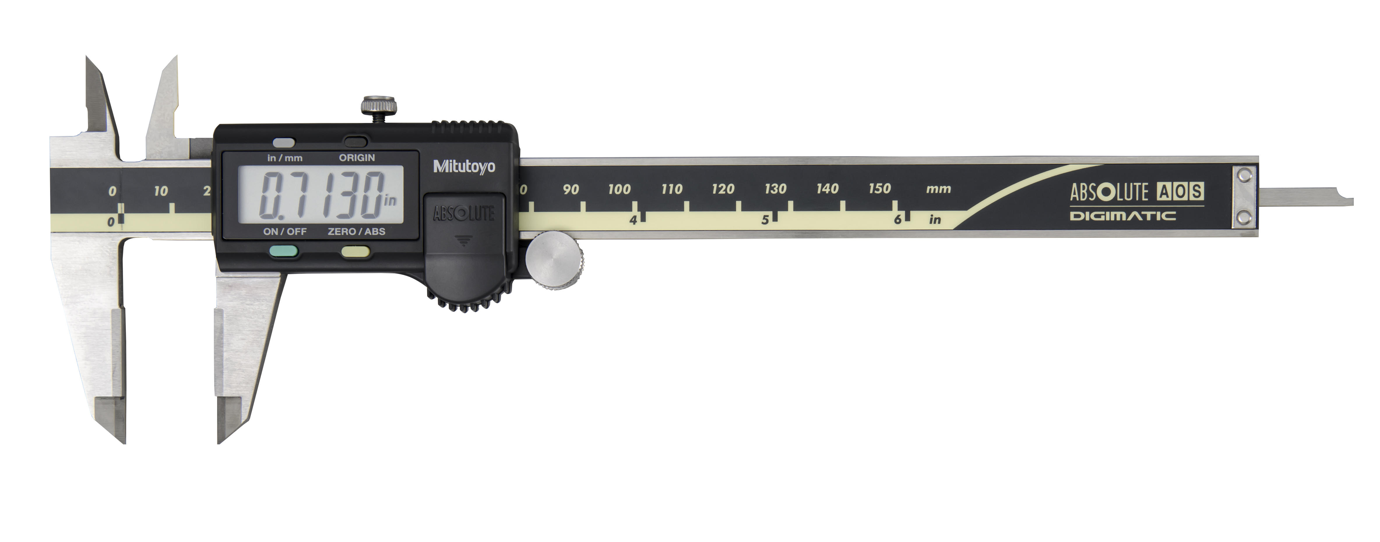 Mitutoyo, 500-159-30, 0-6 In/150mm, .0005 In/0.01mm ABSOLUTE AOS Digimatic Caliper, No Output, Carbide OD Jaws