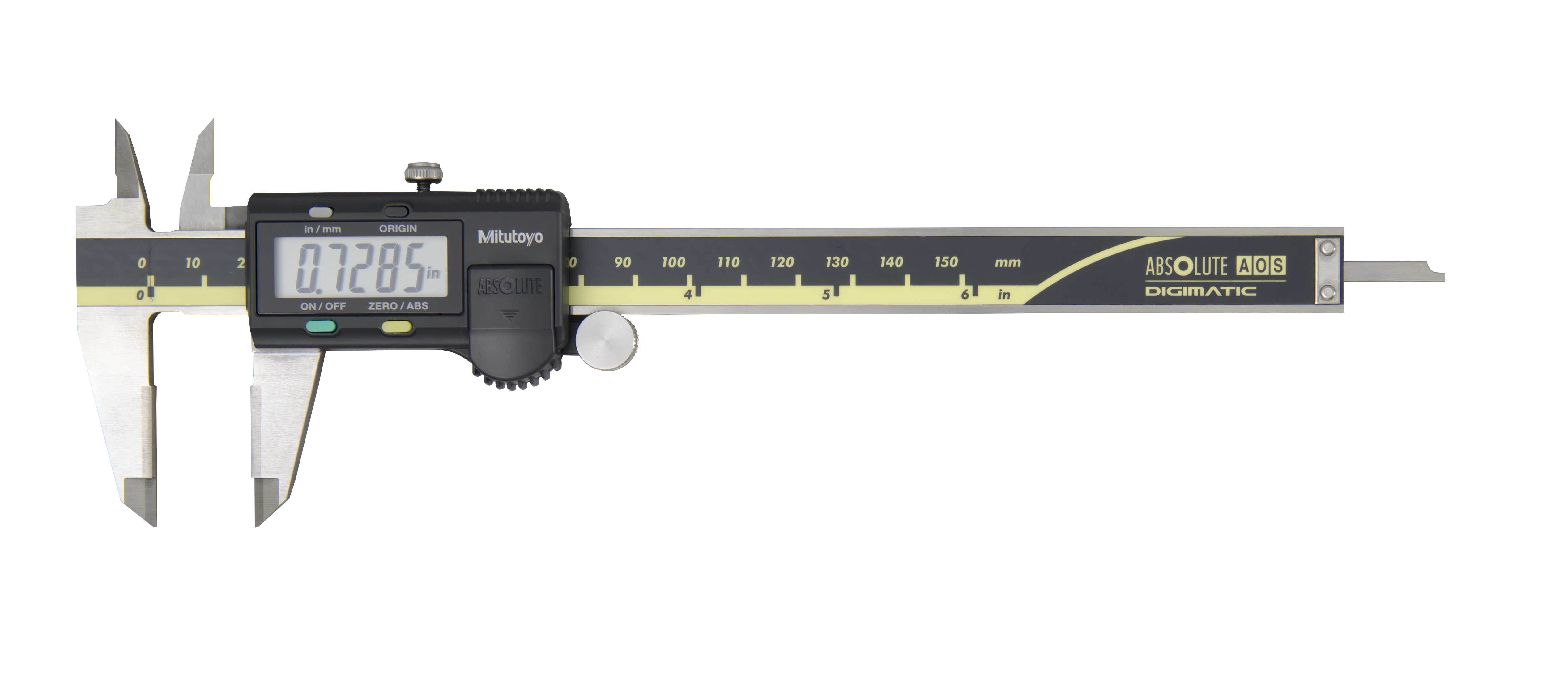 Mitutoyo, 500-160-30, 0-6 In/150mm, .0005 In/0.01mm ABSOLUTE AOS Digimatic Caliper, No Output, Carbide OD/ID Jaws