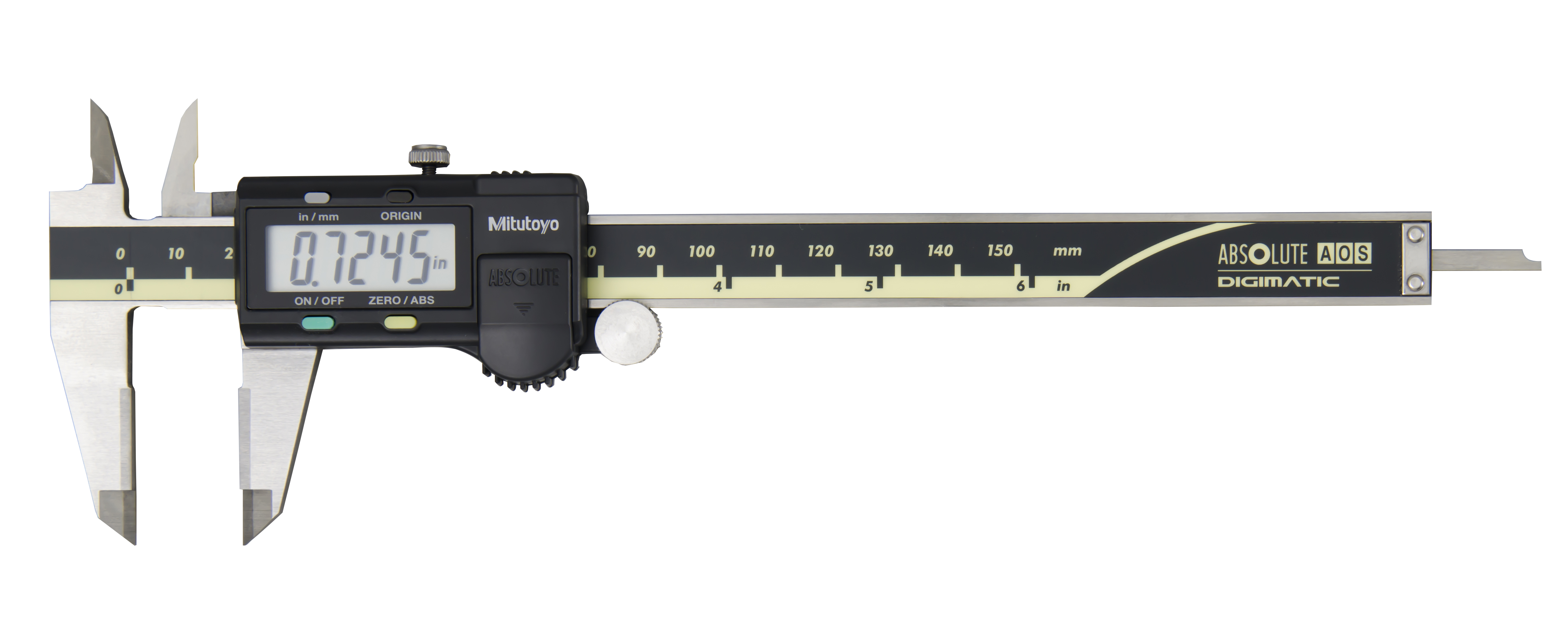 Mitutoyo, 500-174-30, 0-6 In/150mm, .0005 In/0.01mm ABSOLUTE AOS Digimatic Caliper, With SPC Data Output, Carbide OD Jaws
