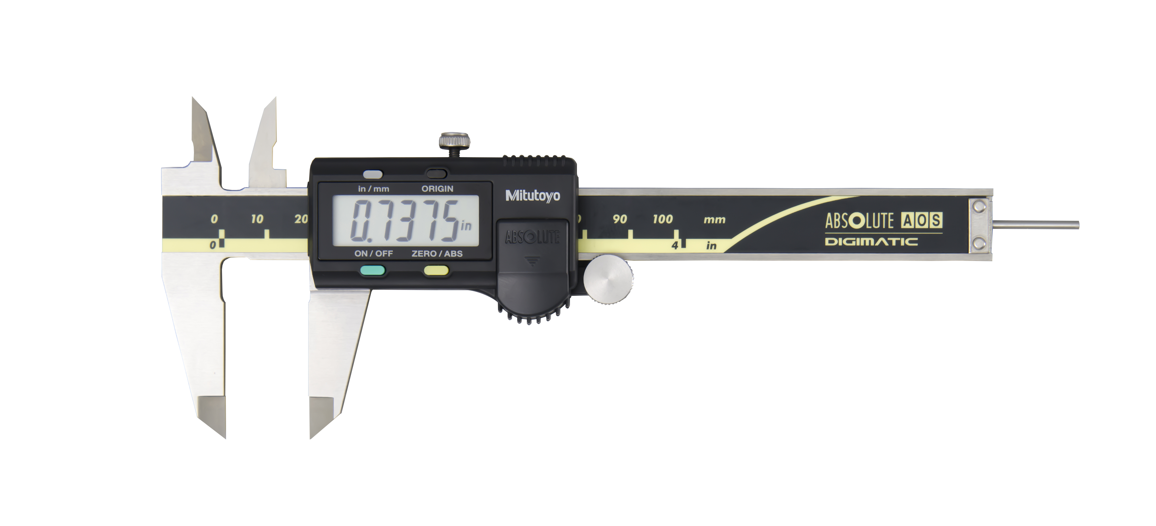 Mitutoyo, 500-195-30, 0-4 In/100mm, .0005 In/0.01mm ABSOLUTE AOS Digimatic Caliper, No Output, .075 In Round Depth Bar