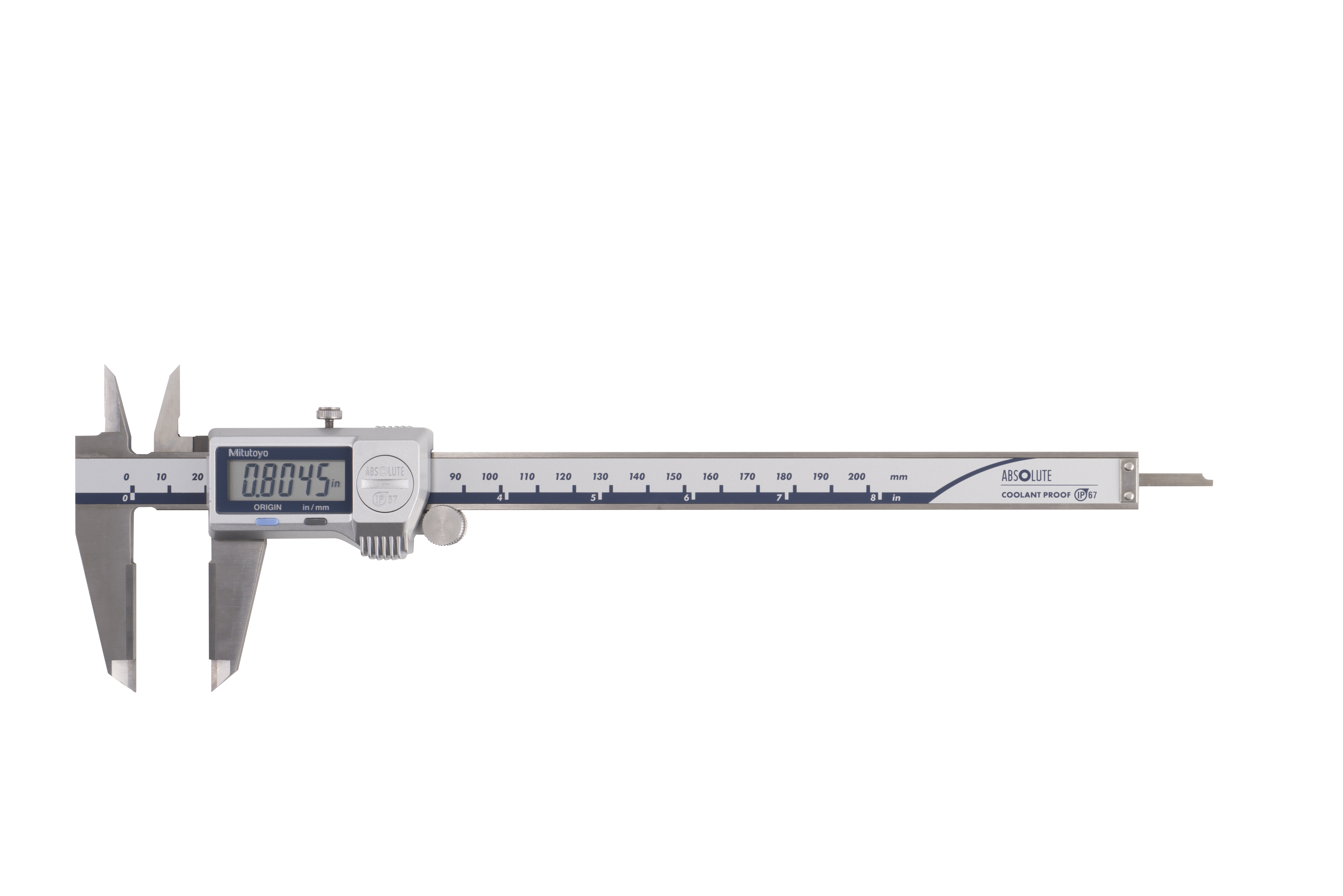 Mitutoyo, 500-732-20, 0-8 In/0-200mm, .0005 In/0.01mm, IP67 Absolute Coolant Proof Caliper, Carb OD tip jaws, No Output