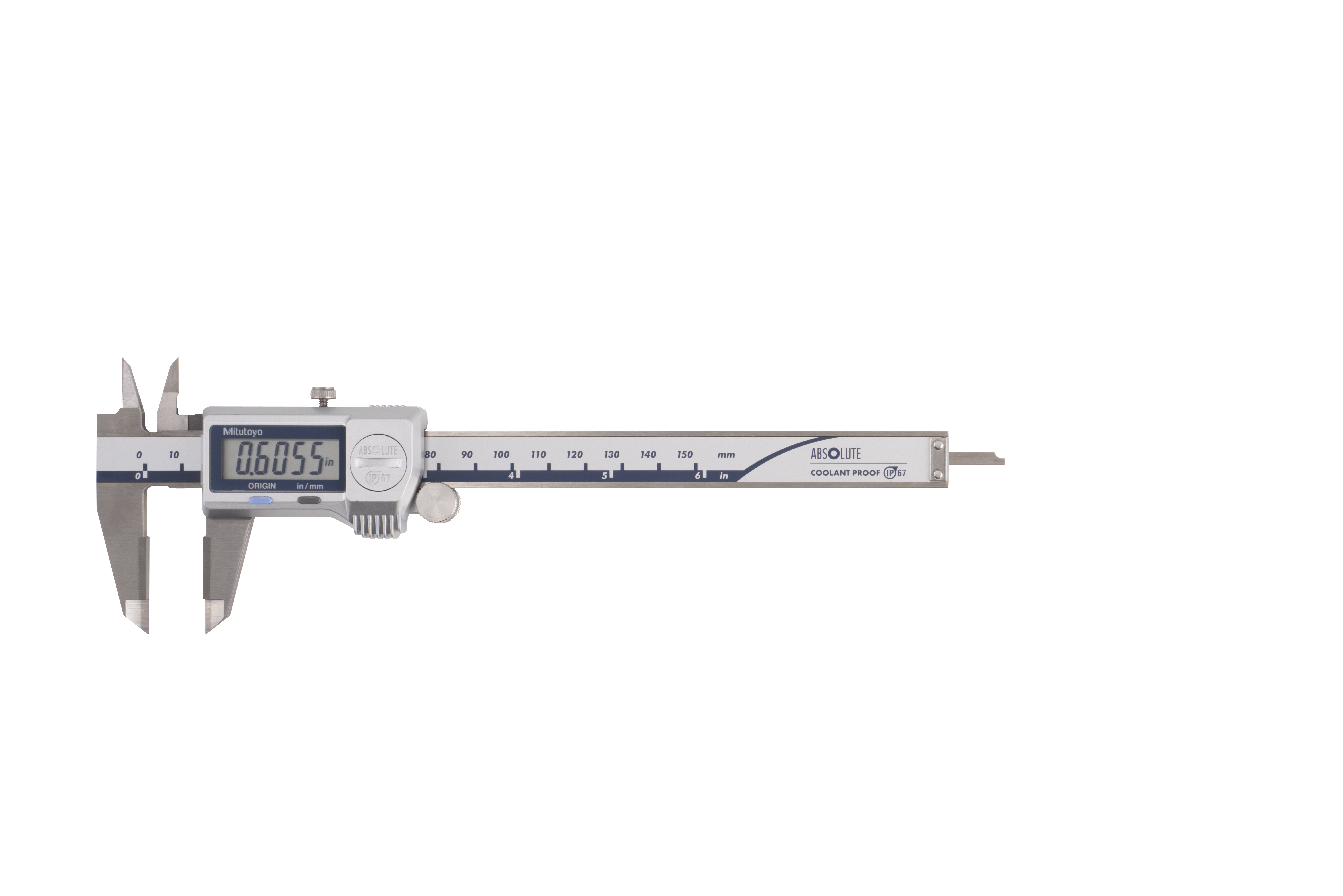 Mitutoyo, 500-733-20, 0-6 In/0-150mm, .0005 In/0.01mm, IP67 Absolute Coolant Proof Caliper, Carb OD/ID tip jaws, No Output