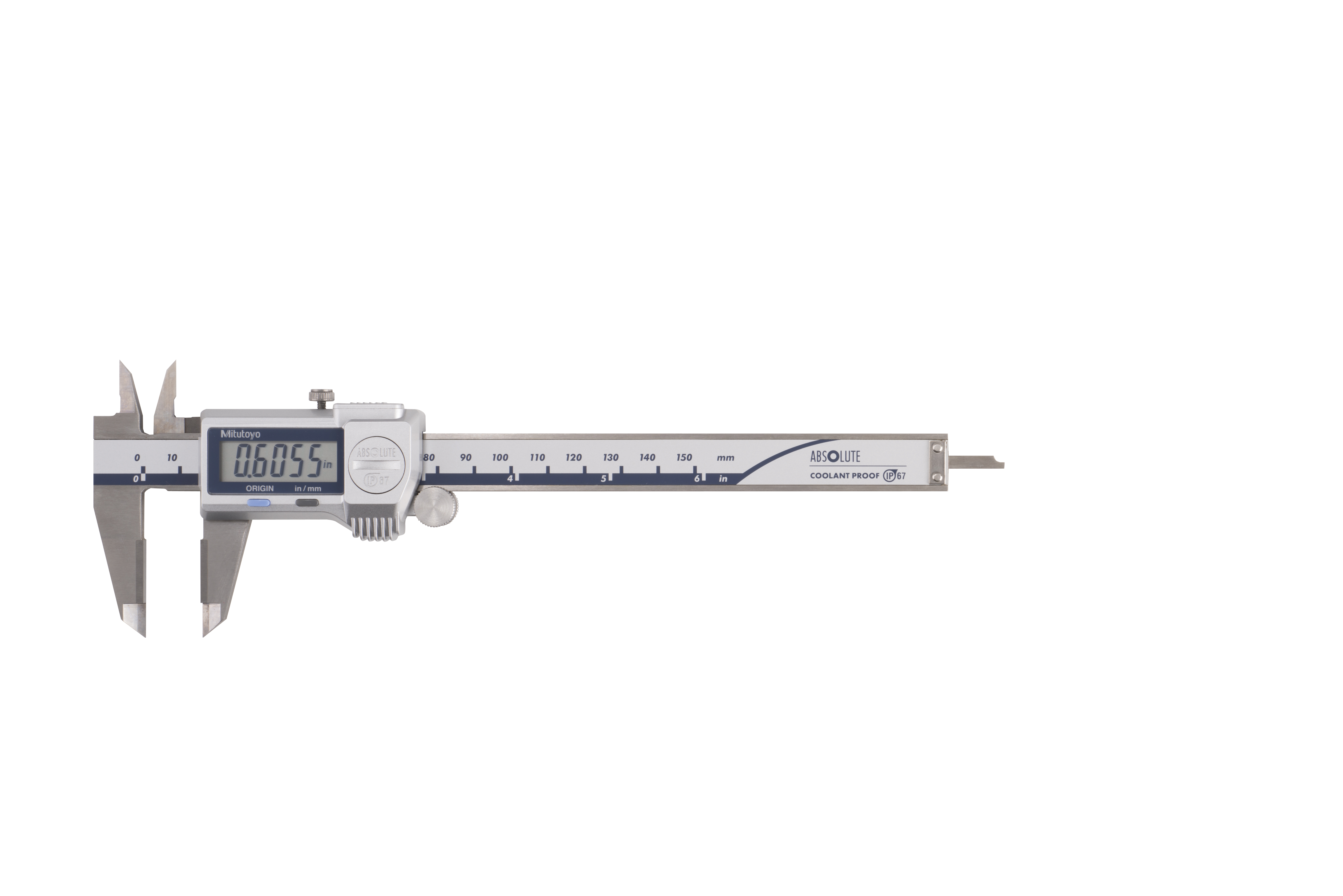 Mitutoyo, 500-735-20, 0-6 In/0-150mm, .0005 In/0.01mm, IP67 Absolute Coolant Proof Caliper, Carb OD tip jaws, With Output