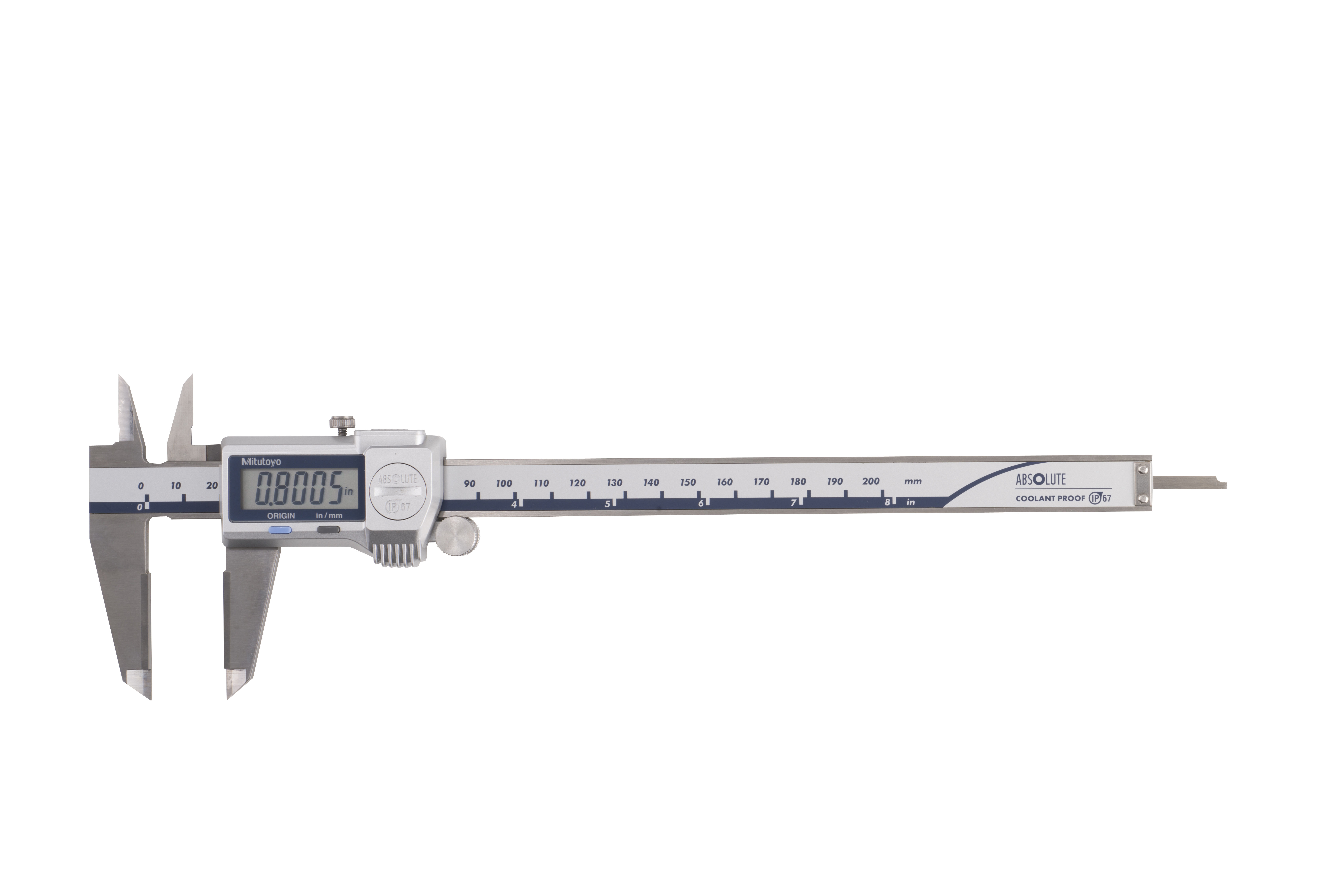 Mitutoyo, 500-736-20, 0-8 In/0-200mm, .0005 In/0.01mm, IP67 Absolute Coolant Proof Caliper, Carb OD tip jaws, With Output
