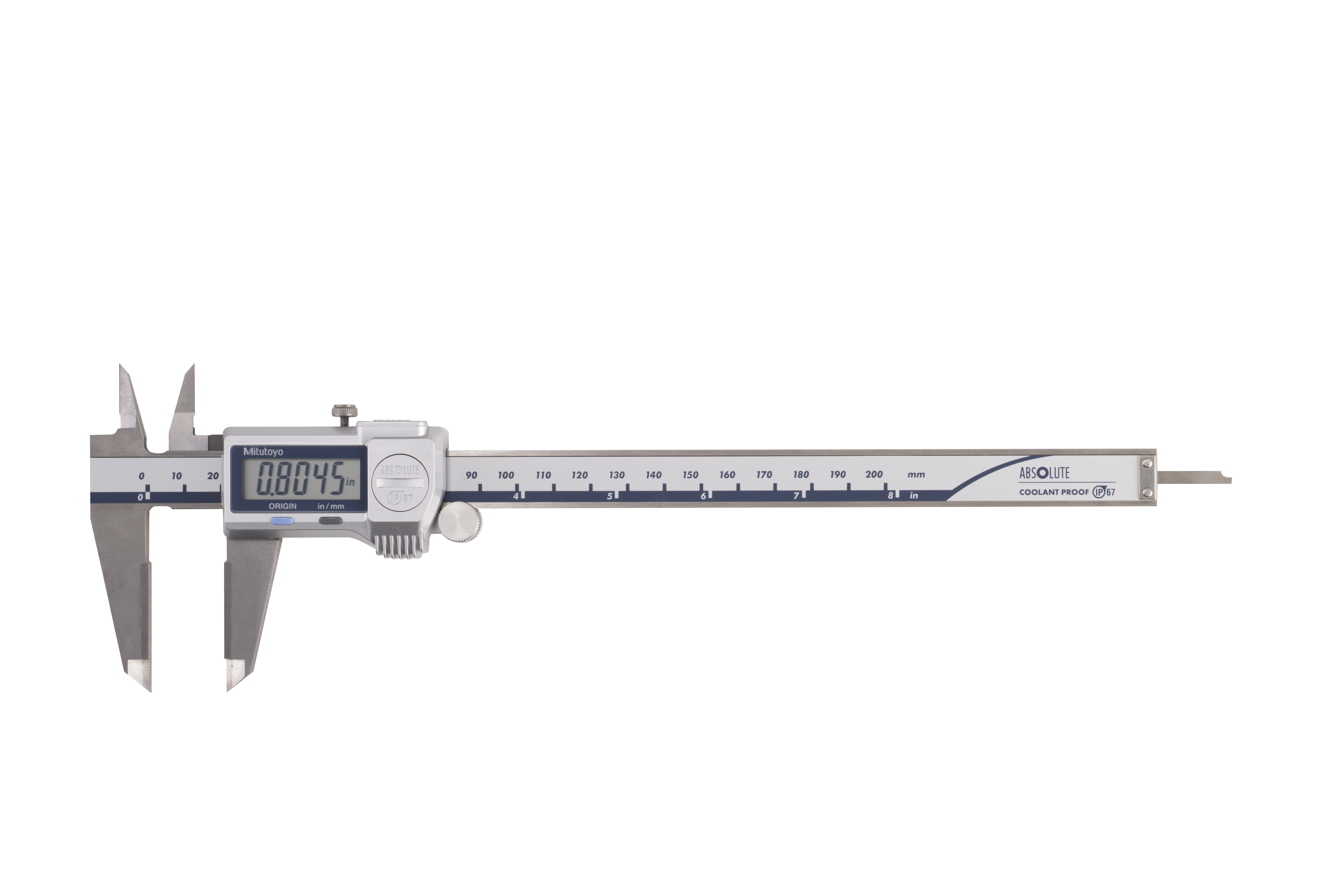Mitutoyo, 500-738-20, 0-8 In/0-200mm, .0005 In/0.01mm, IP67 Absolute Coolant Proof Caliper, Carb OD/ID tip jaws, With Output