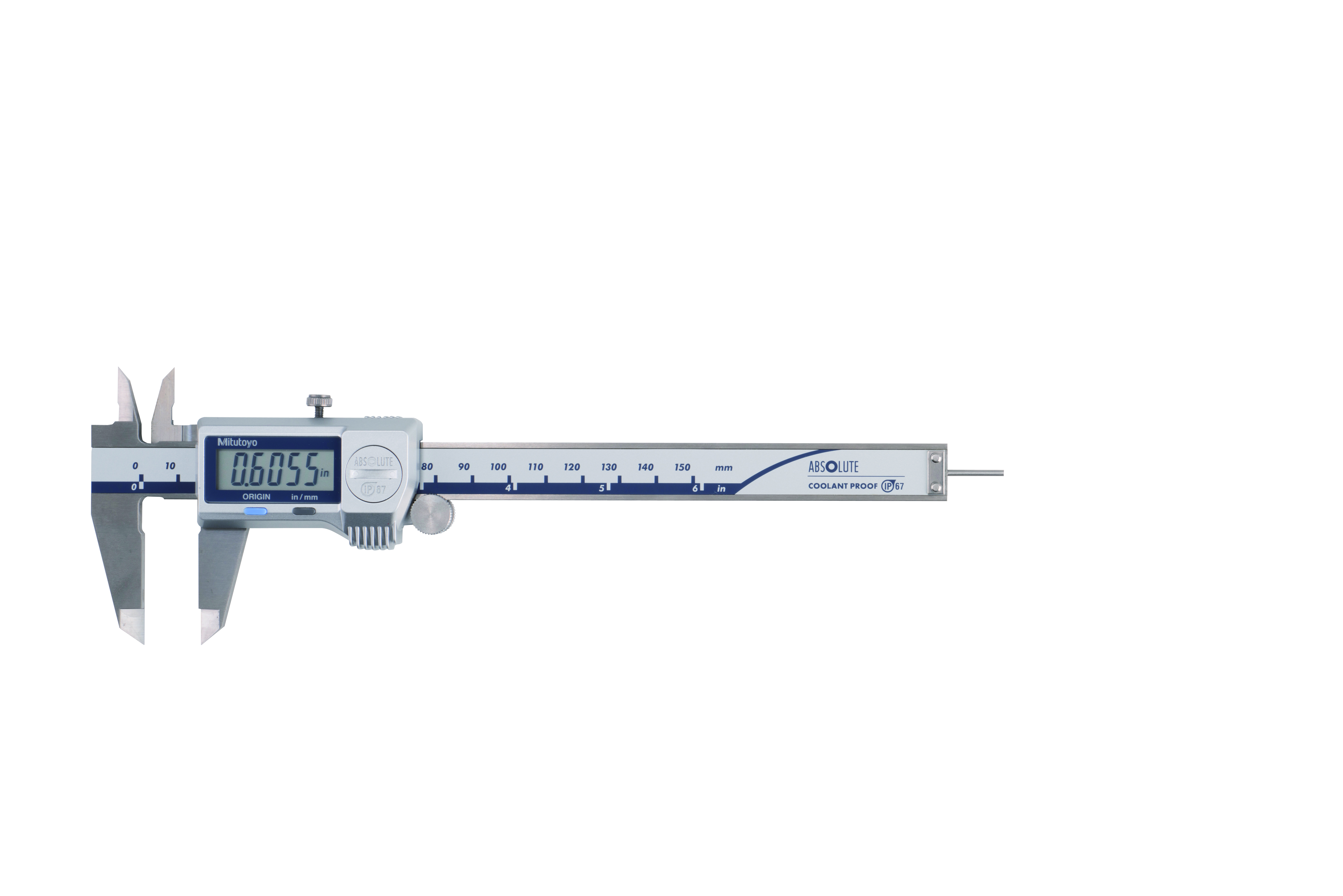 Mitutoyo, 500-768-20, 0-6 In/0-150mm, .0005 In/0.01mm, IP67 Absolute Coolant Proof Caliper, .075 In rod depth bar, No Output