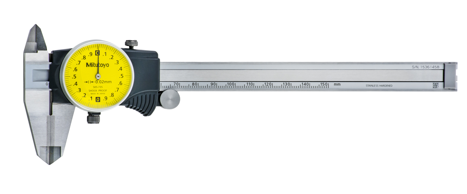 Mitutoyo, 505-735, 0-150mm, 0.02mm Dial Caliper, 2mm/Revolution, Carbide OD and ID Jaws