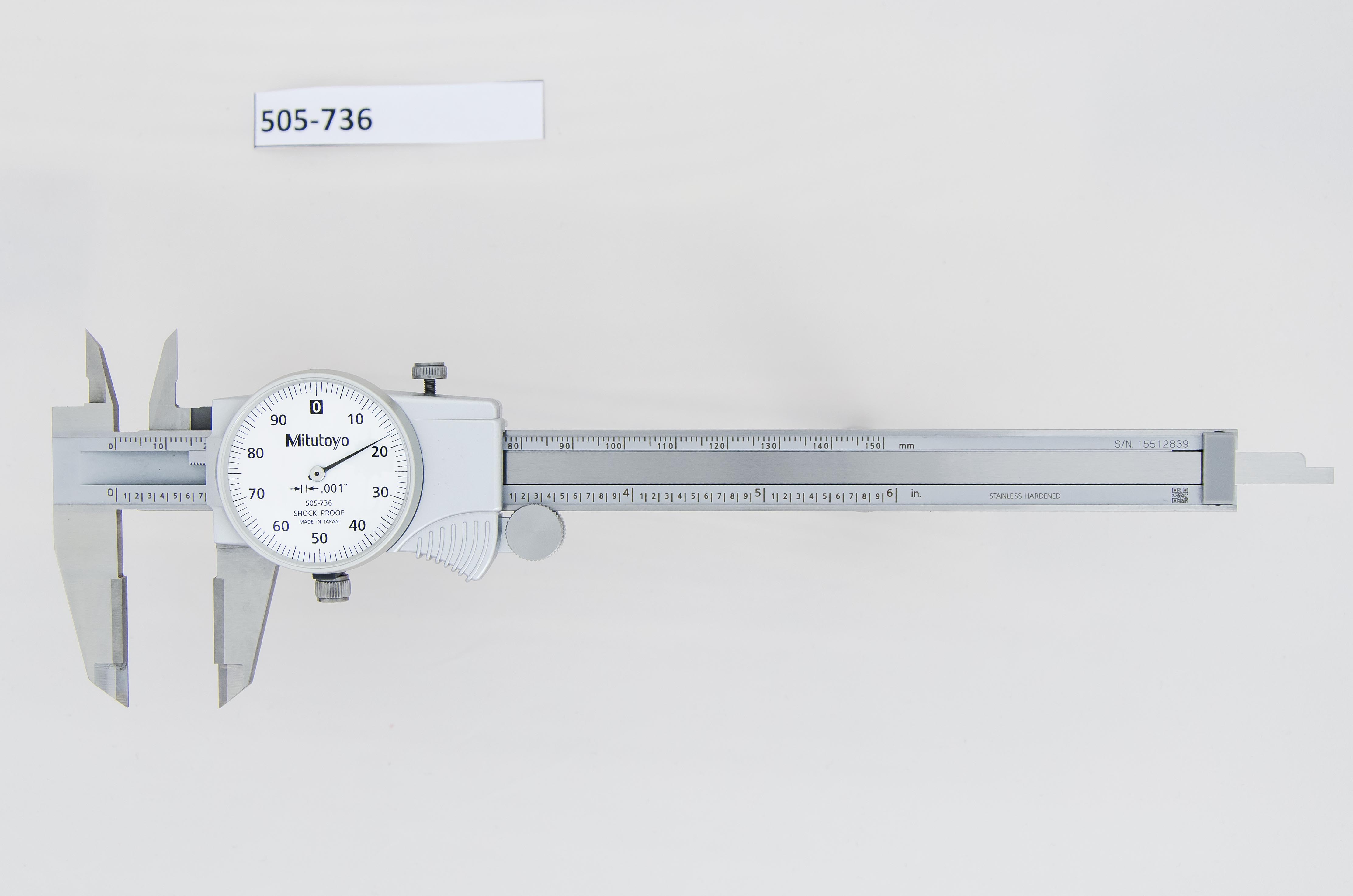 Mitutoyo, 505-736, 0-6 In, .001 In Dial Caliper, .1 In/Revolution, Carbide OD Jaws