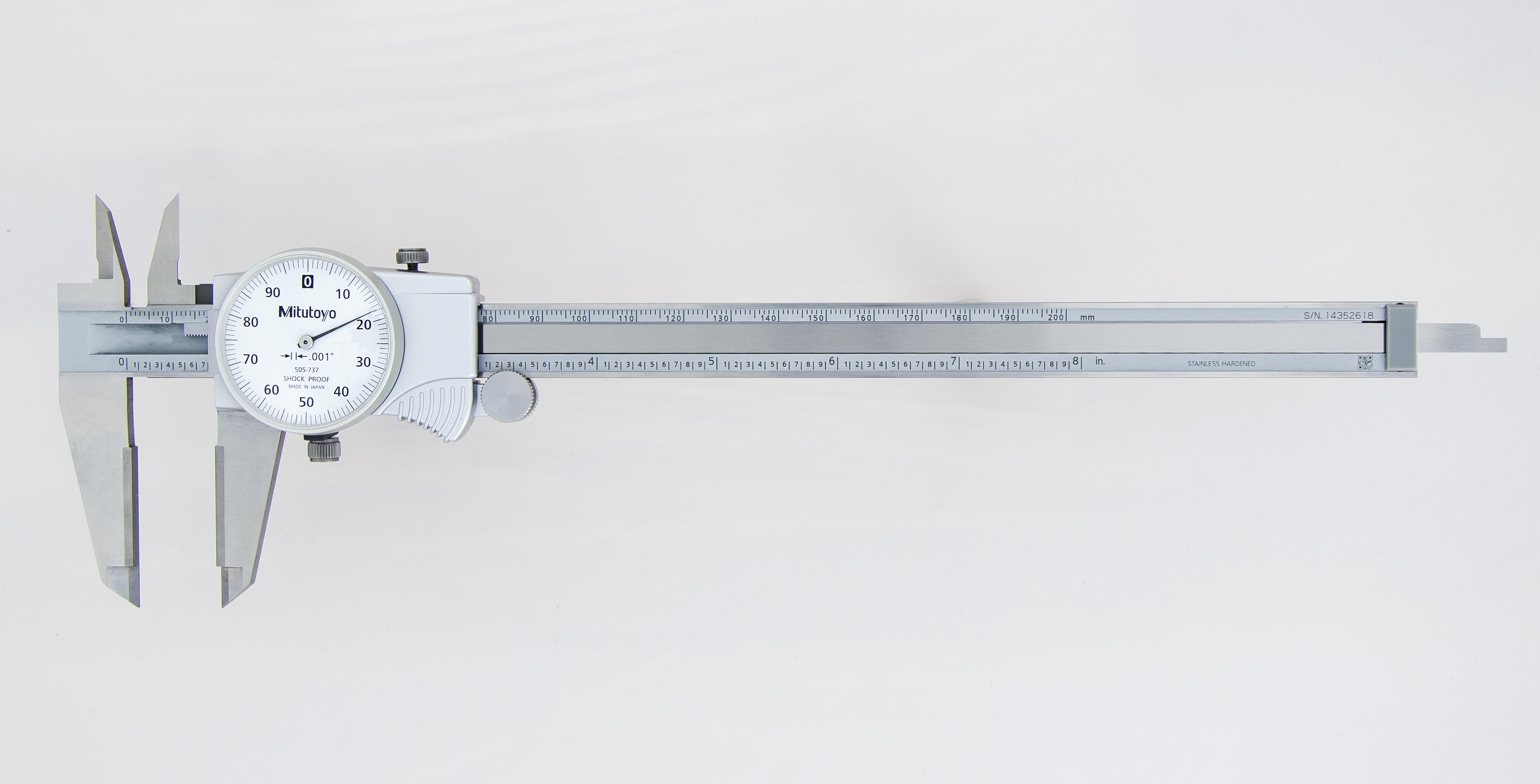 Mitutoyo, 505-737, 0-8 In, .001 In Dial Caliper, .1 In/Revolution, White Face, Carbide OD Jaws