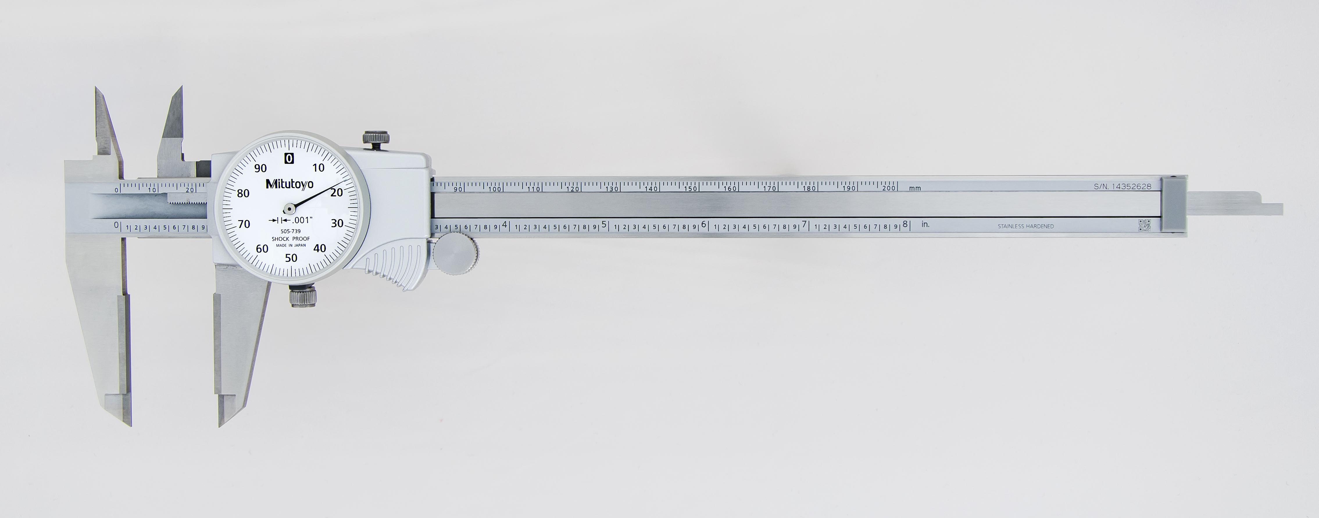 Mitutoyo, 505-739, 0-8 In, .001 In Dial Caliper, .1 In/Revolution, White Face, Carbide OD/ID Jaws