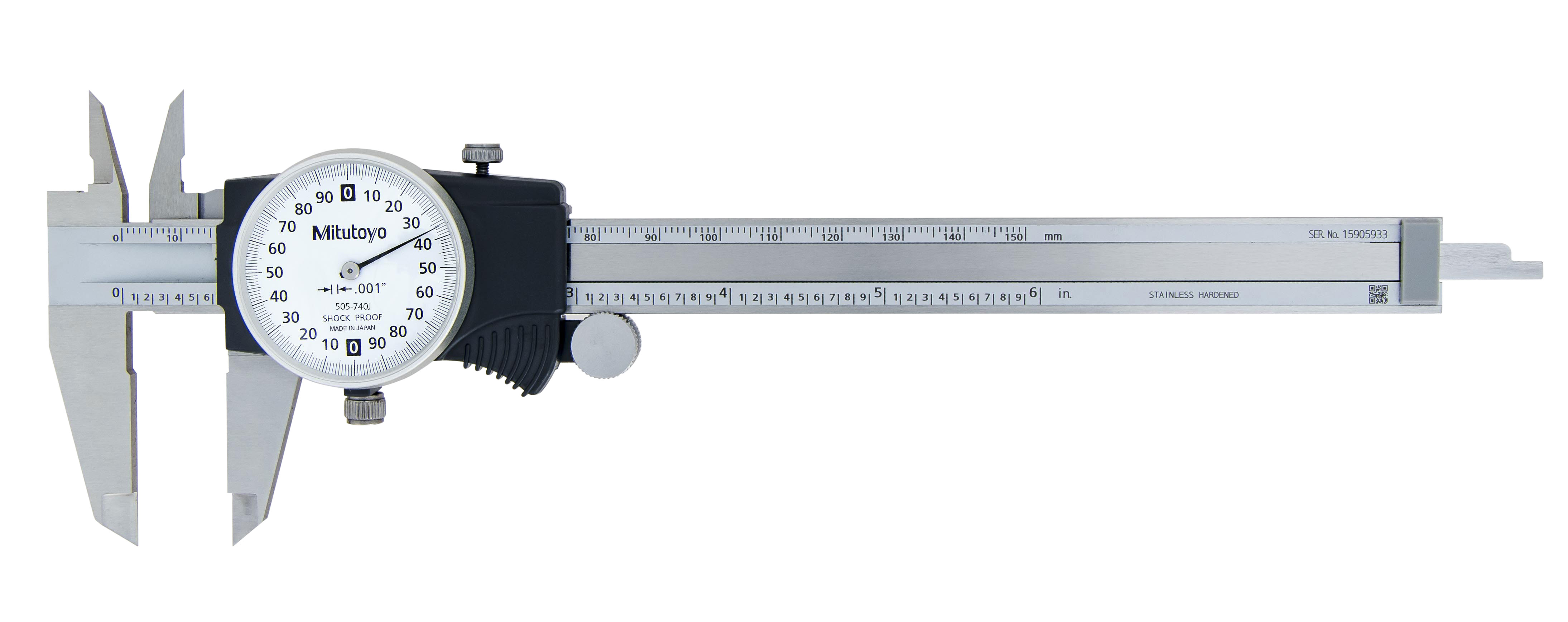 Mitutoyo, 505-740J, 0-6 In, .001 In Dial Caliper, .2 In/Revolution, White Face