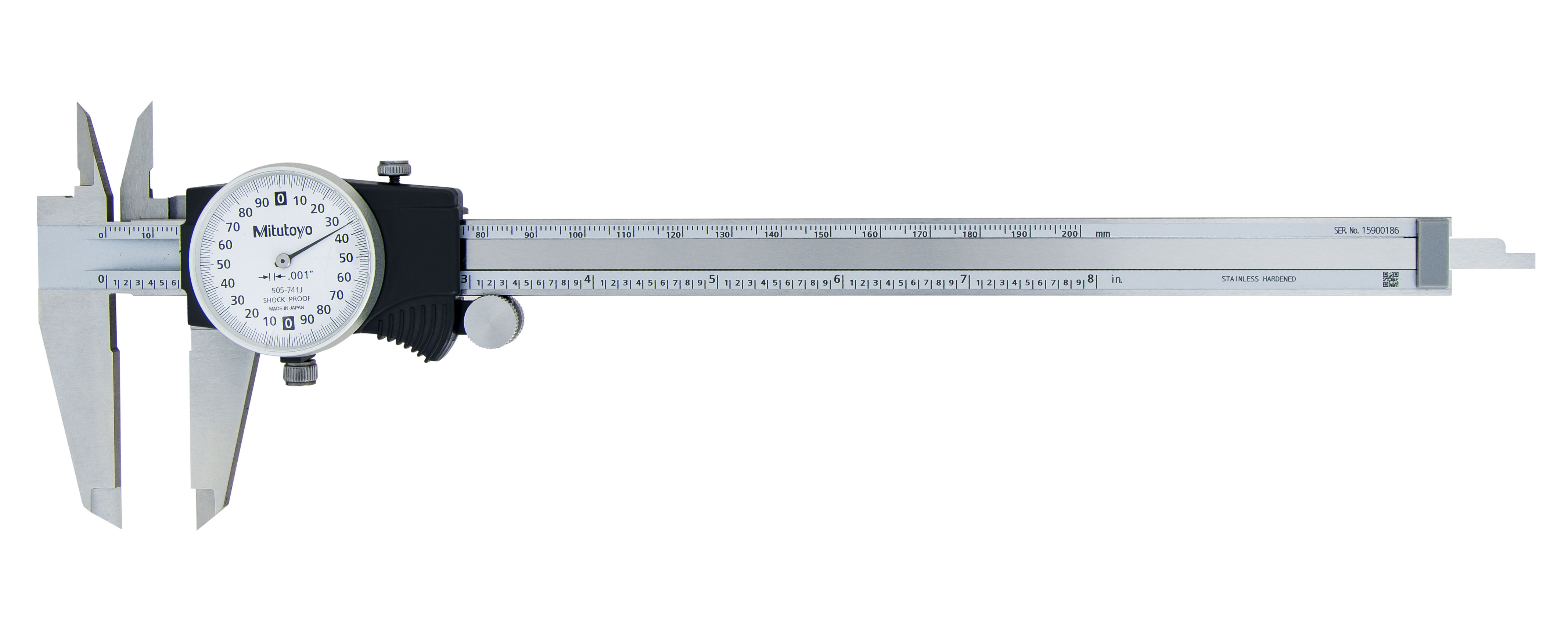 Mitutoyo, 505-741J, 0-8 In, .001 In Dial Caliper, .2 In/Revolution, White Face
