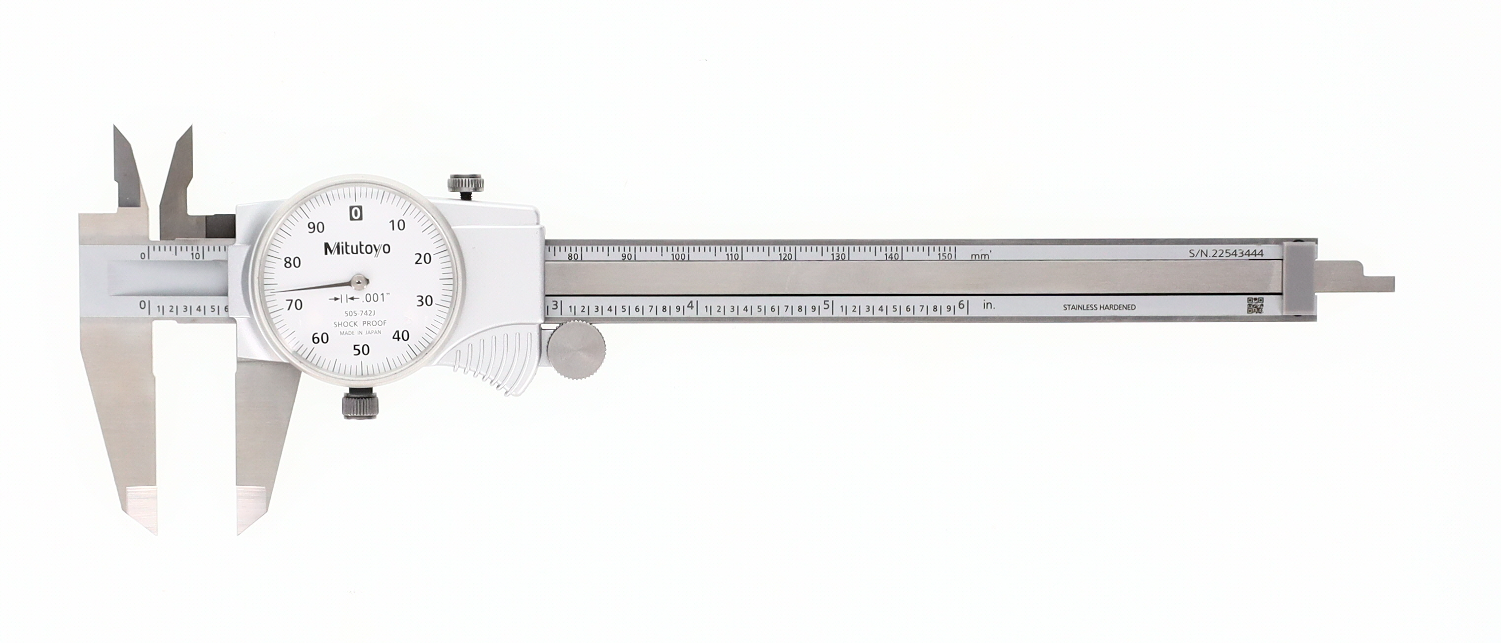 Mitutoyo, 505-742J, 0-6 In, .001 In Dial Caliper, .1 In/Revolution, White Face