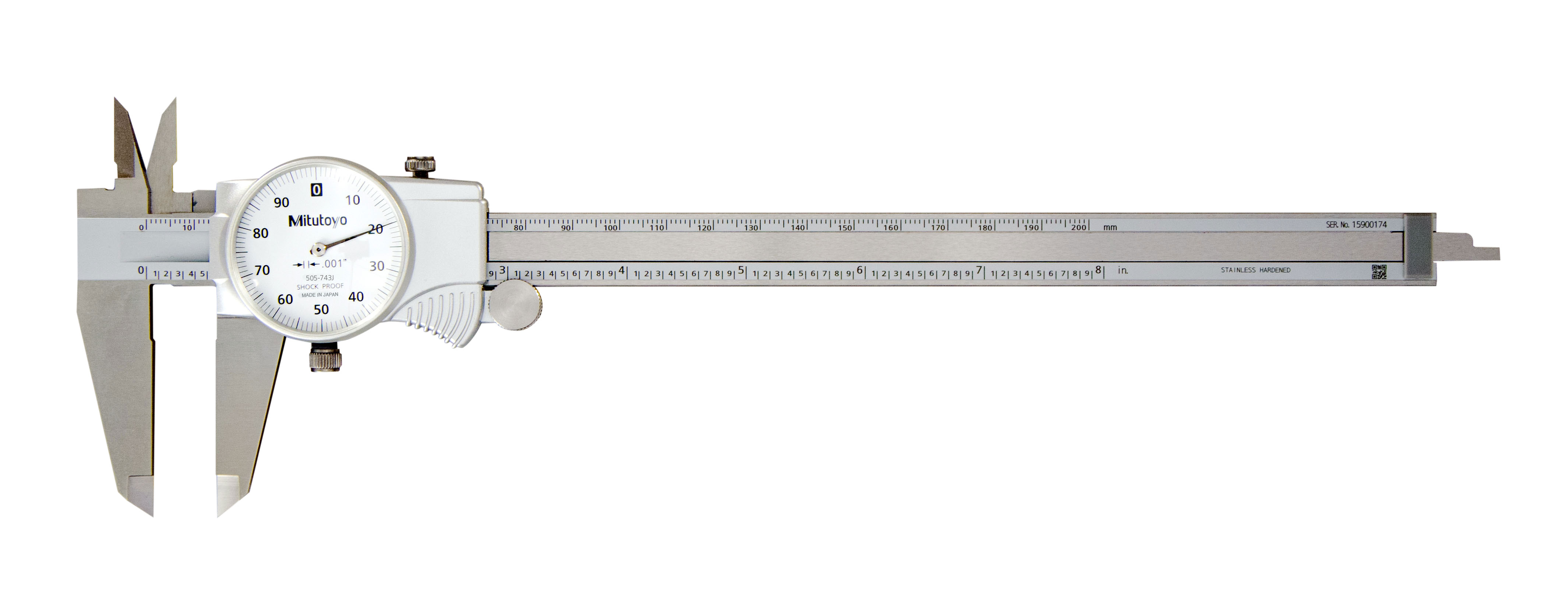 Mitutoyo, 505-743J, 0-8 In, .001 In Dial Caliper, .1 In/Revolution