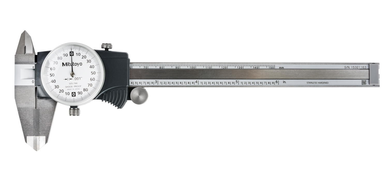 Mitutoyo, 505-744, 0-6 In, .001 In Dial Caliper, .2 In/Revolution, Carbide OD Jaws