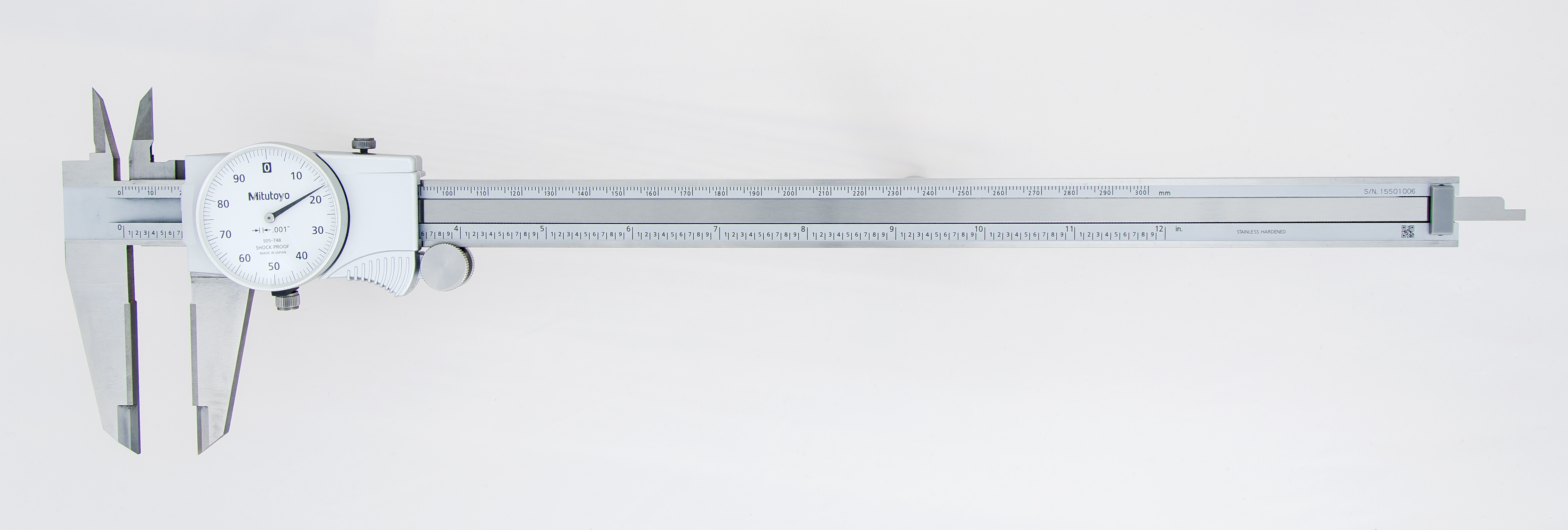 Mitutoyo, 505-748, 0-12 In, .001 In Dial Caliper, .1 In/Revolution, White Face, Carbide OD/ID Jaws