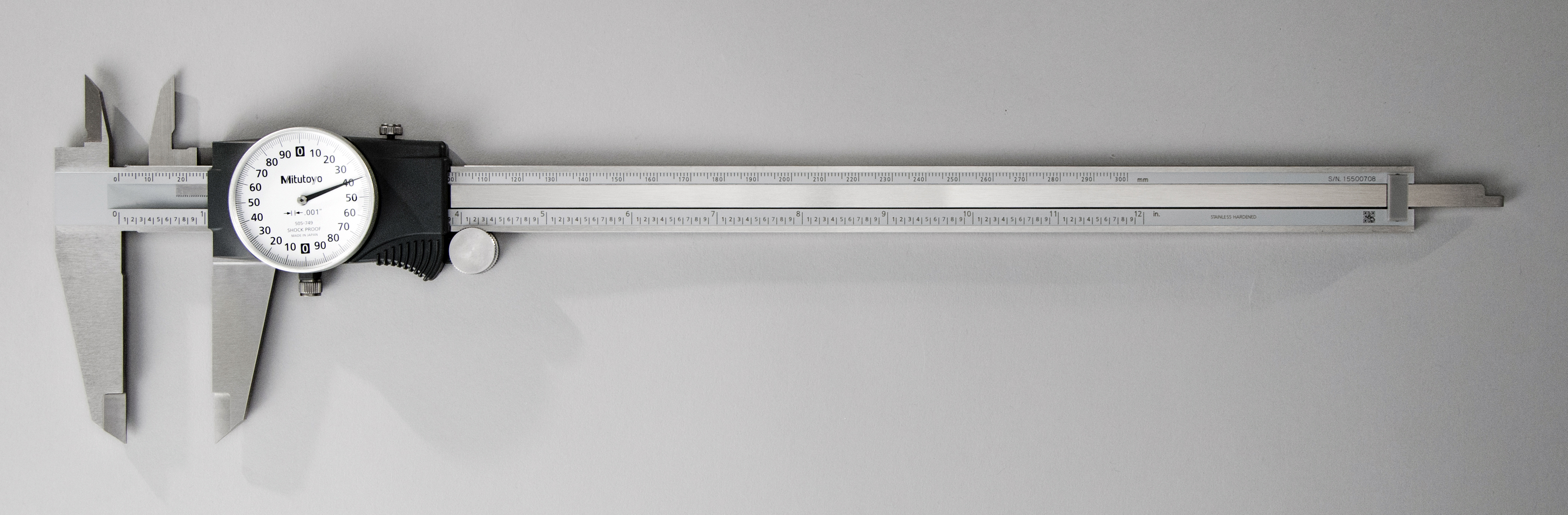 Mitutoyo, 505-749, 0-12 In, .001 In Dial Caliper, .2 In/Revolution, White Face