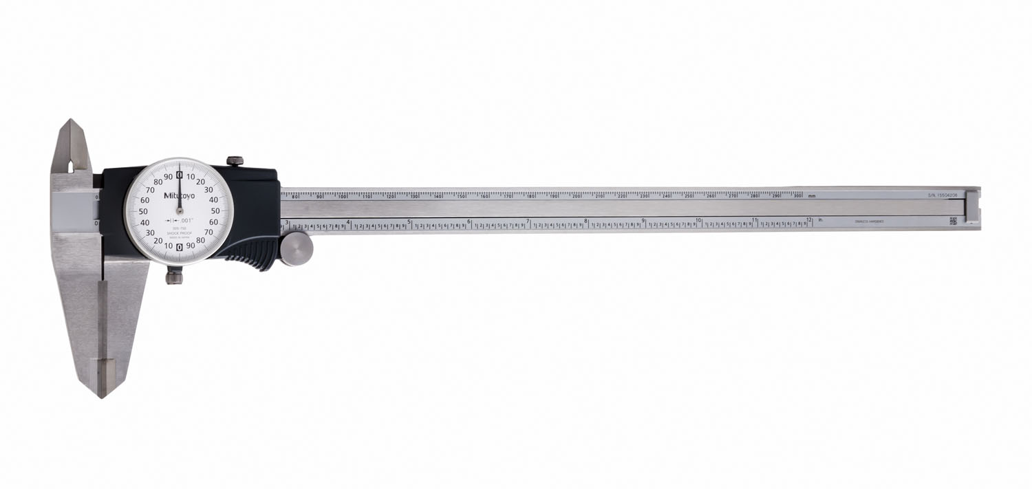Mitutoyo, 505-750, DIAL CALIPER,CARBIDE TIPPED JAWS FOR OD MEASUREMENT, .2 In/REV, 0-12 In, .001 In