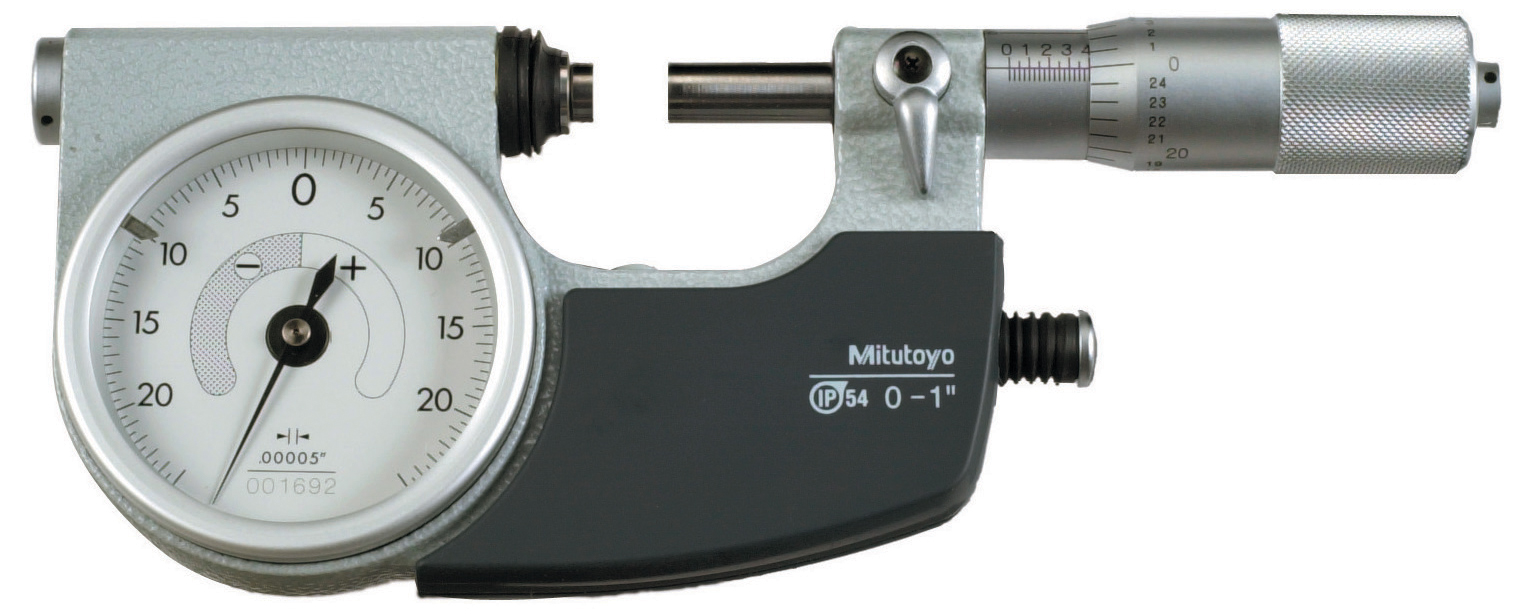 Mitutoyo, 510-131, 0-1 In, .00005 In, Dial Indicating Micrometer, Carbide Steel Tip, With Retractable Anvil Button