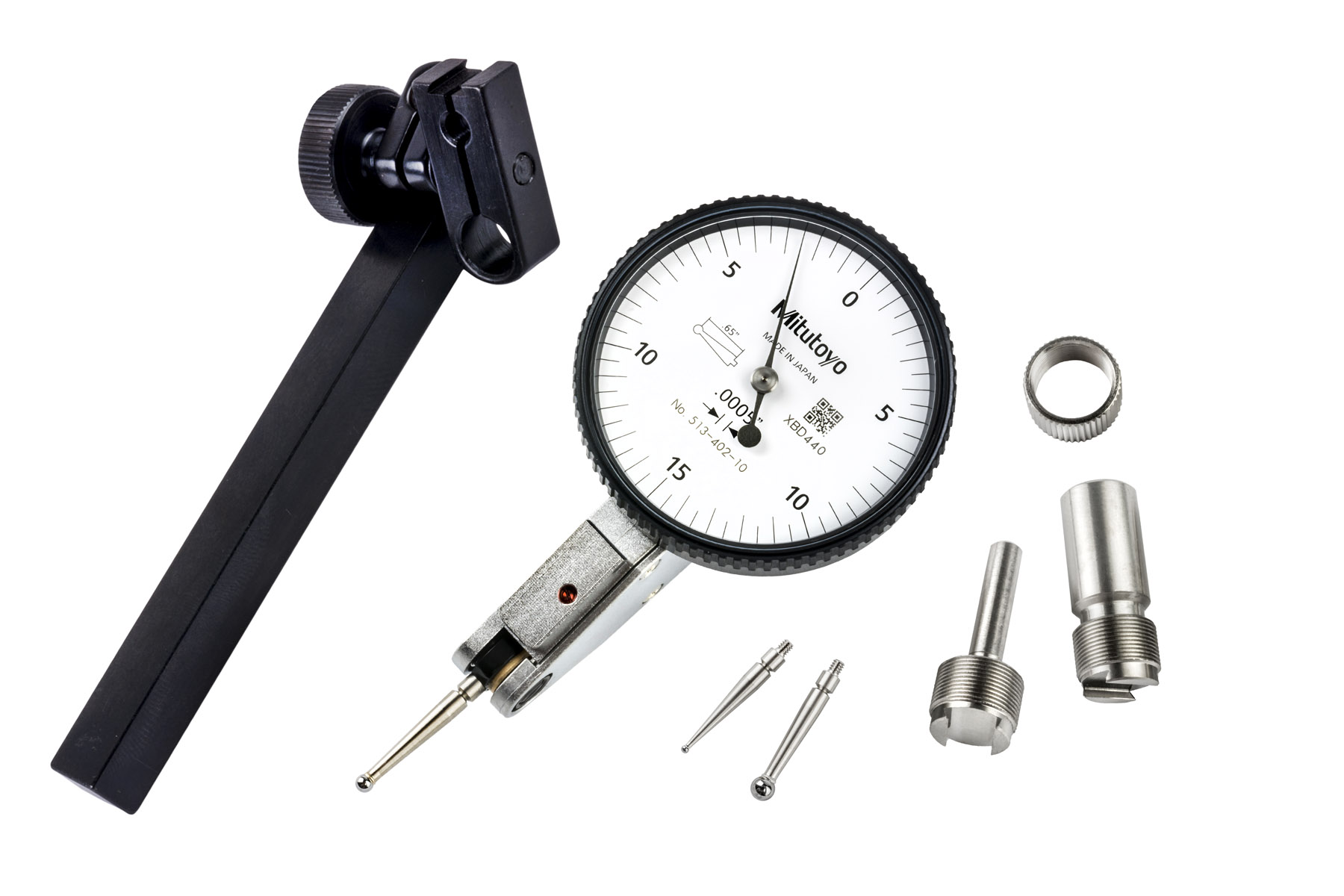 Mitutoyo, 513-402-10T, .0005 In, .03 In, Dial Test Indicator, Full Set, 0-15-0, 3/8 In/.157 In Stems, .079 In/.039 In/.118 In Contact Points, Clamp and Hold Bar, 19.9mm Length, Anti-Magnet, Jeweled Bearing