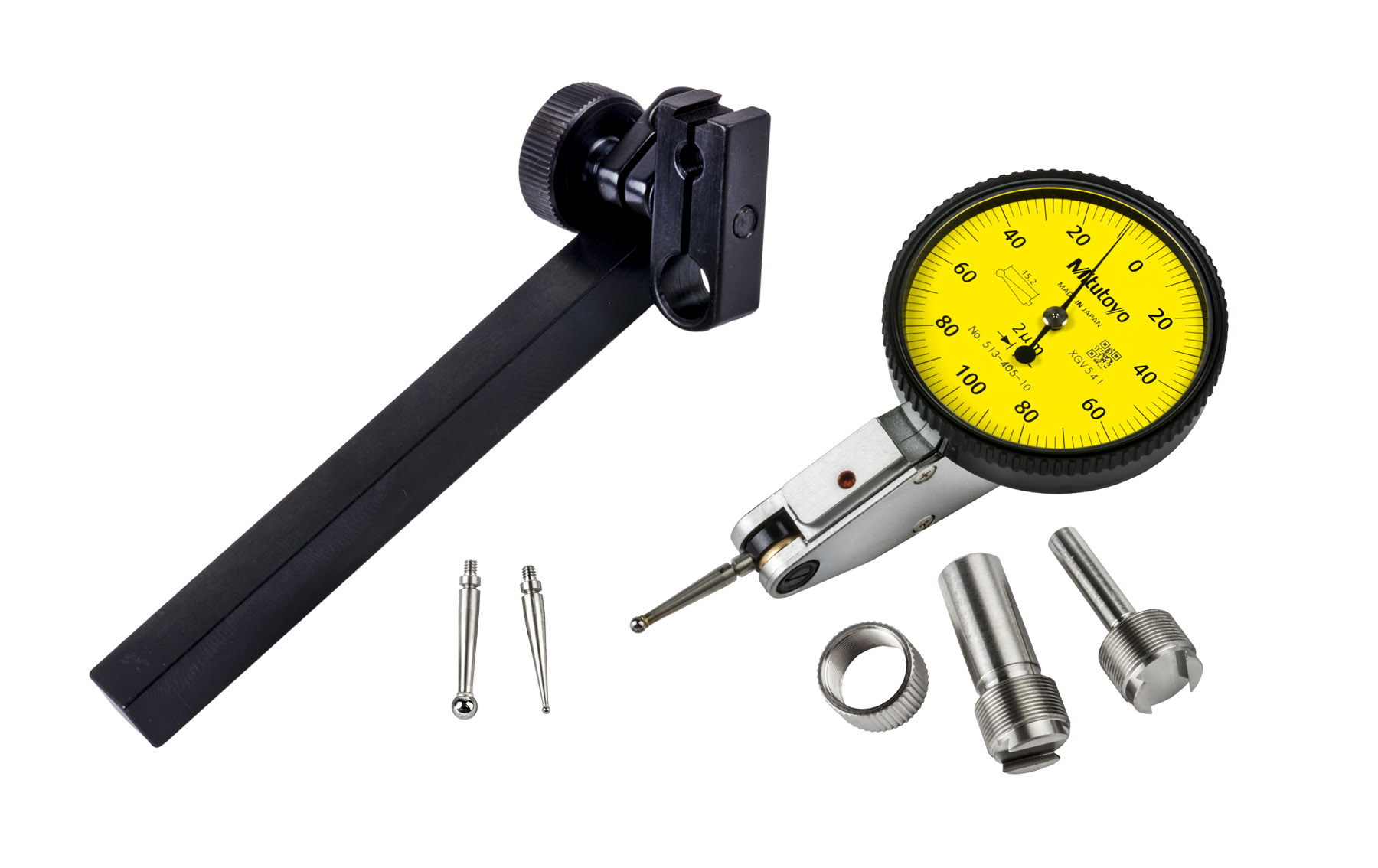 Mitutoyo, 513-405-10T, .002mm, .2mm, Dial Test Indicator, Basic Set , 0-100-0, 8/4mm Stems, 2/1/3mm Contact Points, Clamp and Hold Bar, 20.9mm Length, Anti-Magnet, Jeweled Bearing