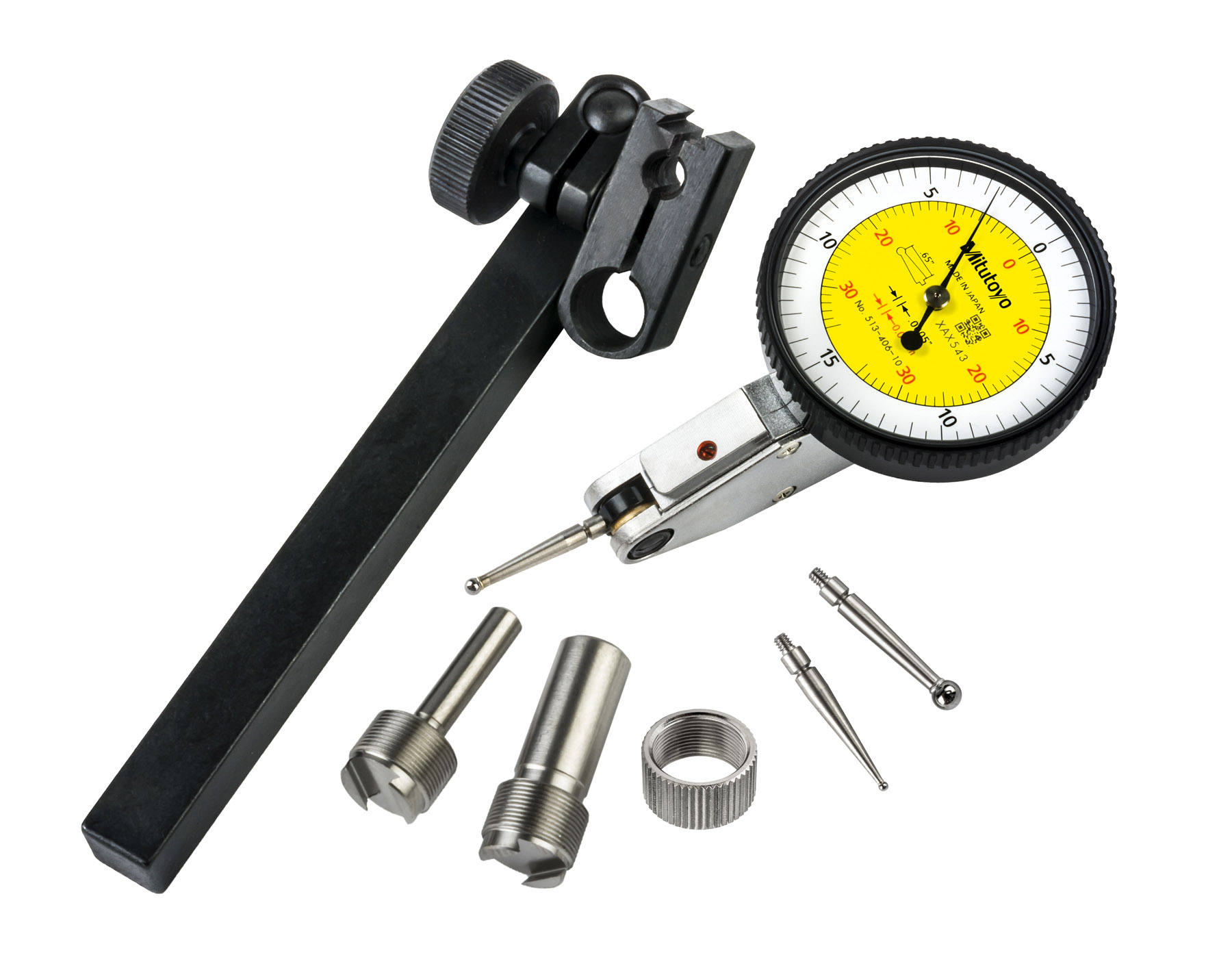 Mitutoyo, 513-406-10T, .0005 In/0.01mm, .03 In/.7mm, Dial Test Indicator, Basic Set, 0-15-0/0-35-0, 3/8 In/.157 In Stems, .079 In/.039 In/.118 In Contact Points, Clamp and Hold Bar, 19.9mm Length, Anti-Magnet, Jeweled Bearing