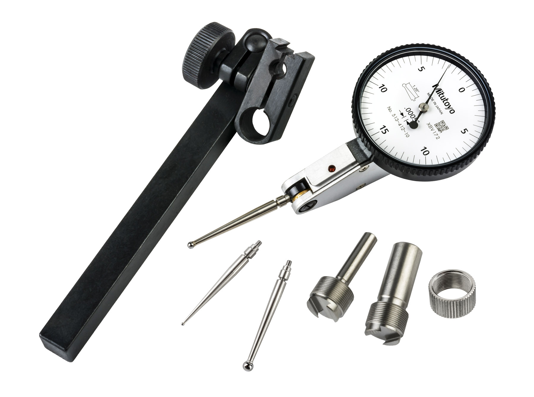 Mitutoyo, 513-412-10T, .0005 In, .03 In, Dial Test Indicator, Full Set, 0-15-0, 3/8 In/.157 In Stems, .079 In/.039 In/.118 In Contact Points, Clamp and Hold Bar, 33.9mm Length, Anti-Magnet, Jeweled Bearing, Long Contact Point