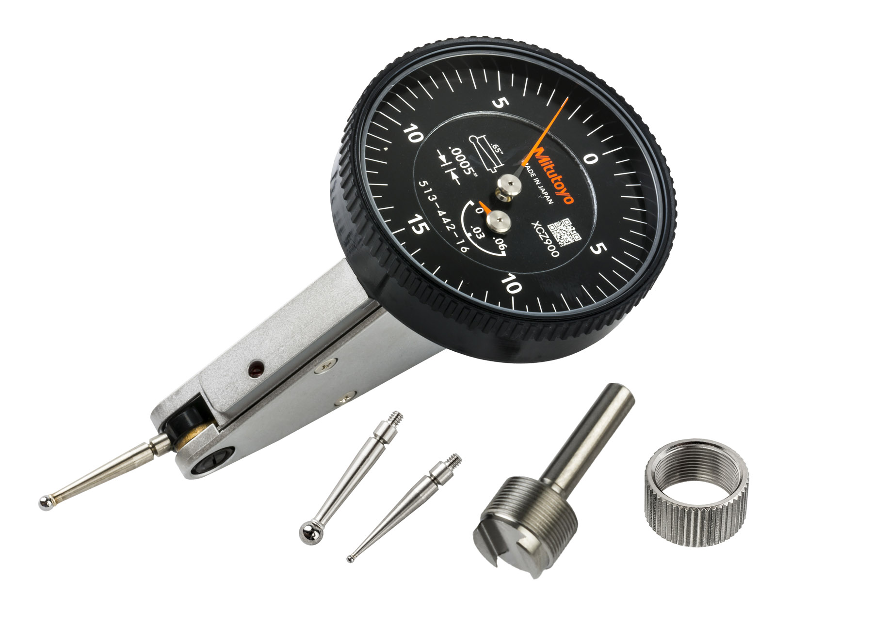Mitutoyo, 513-442-16A, .0005 In, .06 In, Dial Test Indicator, 20 Degree Tilted Face, Basic Set, 0-15-0, 3/8 In Stem, .079 In Contact Point, 19.9mm Length, Anti-Magnet, Jeweled Bearing, Rev Counter, Black Dial
