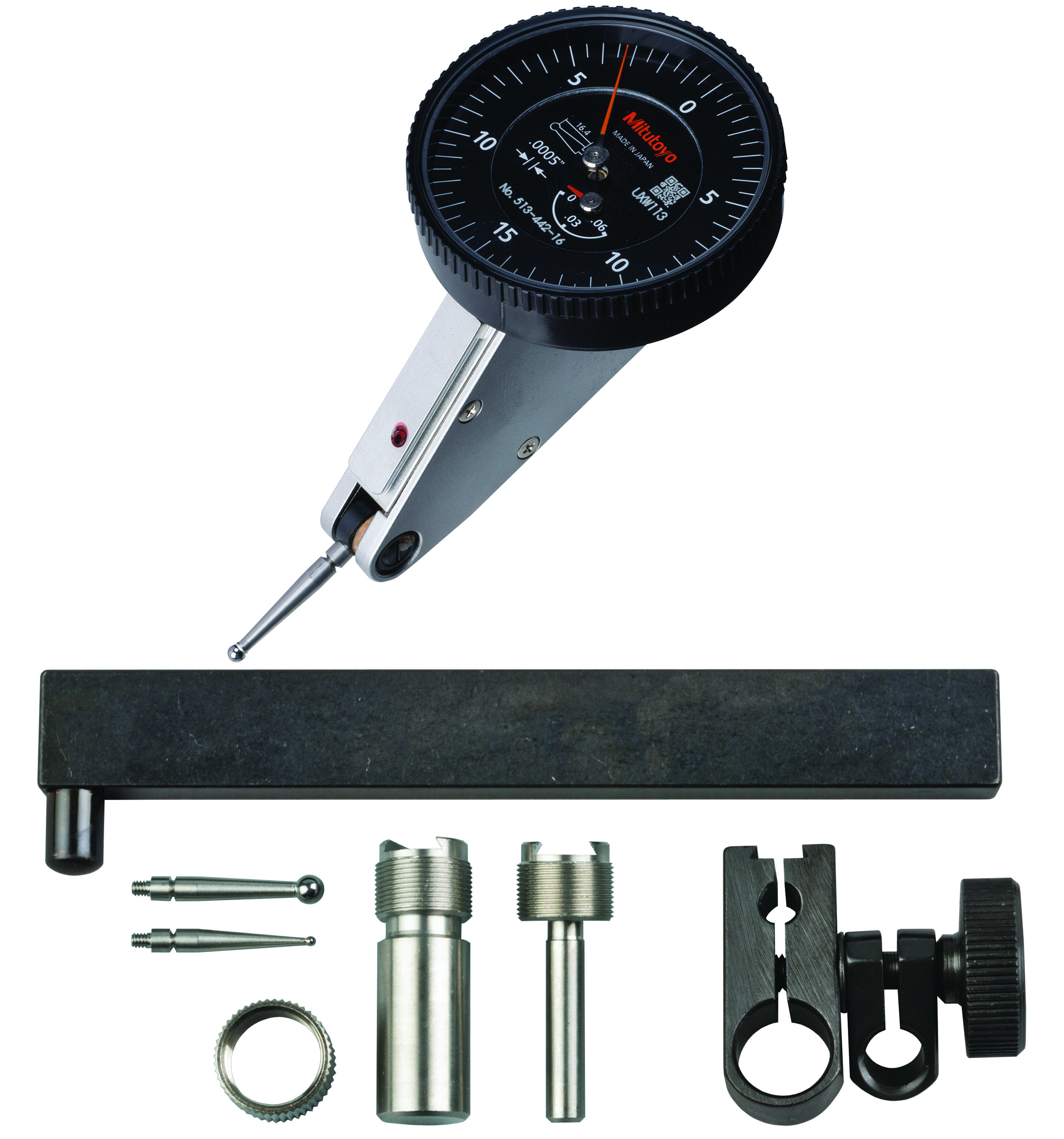 Mitutoyo, 513-442-16T, .0005 In, .06 In, Dial Test Indicator, 20 Degree Tilted Face, Full Set, 0-15-0, 3/8 In/.157 In Stems, .079 In/.039 In/.118 In Contact Points, Clamp and Hold Bar, 19.9mm Length, Anti-Magnet, Jeweled Bearing, Rev Counter, Black Dial