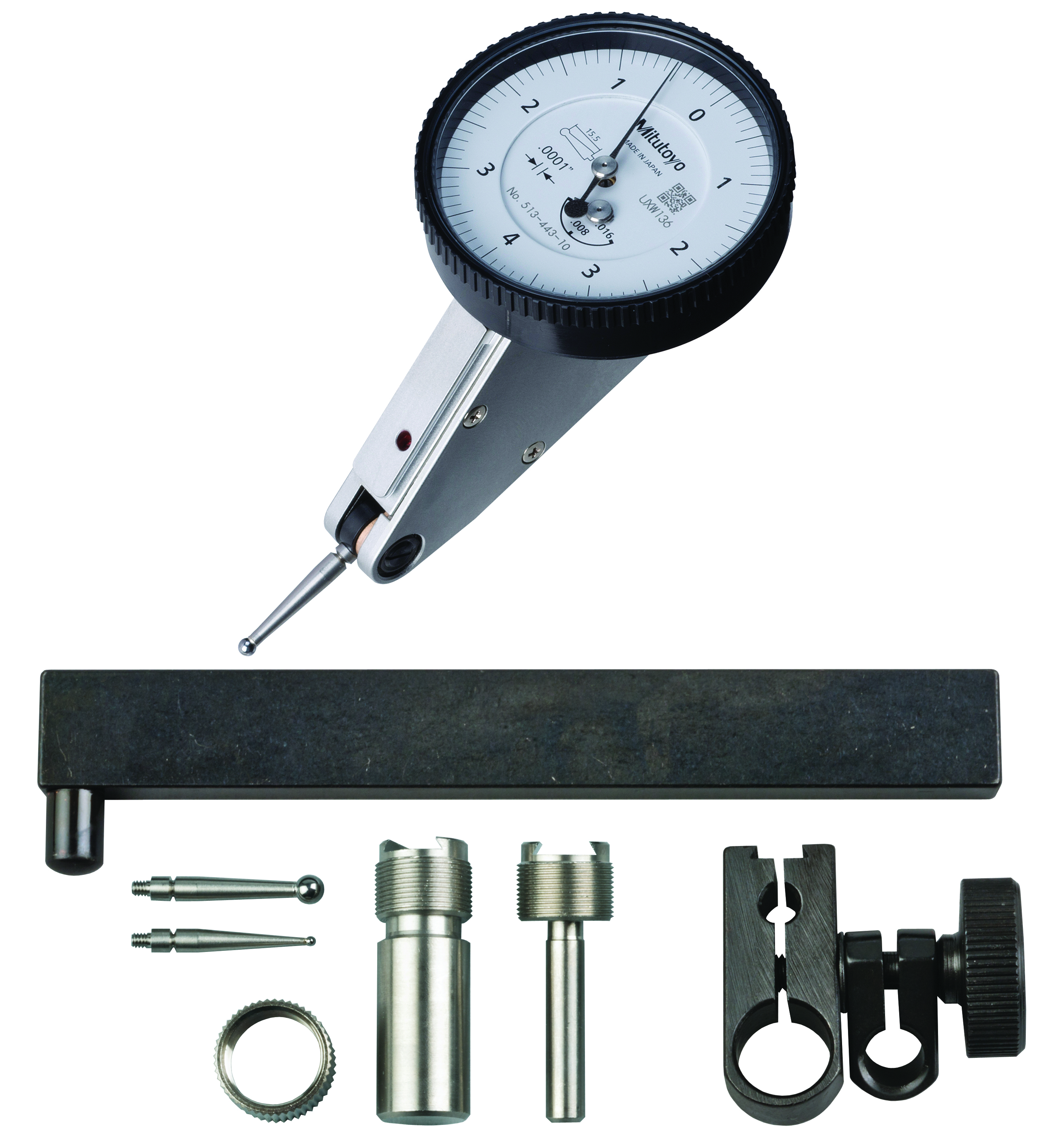 Mitutoyo, 513-443-10T, .0001 In, .16 In, Dial Test Indicator, 20 Degree Tilted Face, Full Set, 0-4-0, 3/8 In/.157 In Stems, .079 In/.039 In/.118 In Contact Points, Clamp and Hold Bar, 15mm Length, Anti-Magnet, Jeweled Bearing, Rev Counter