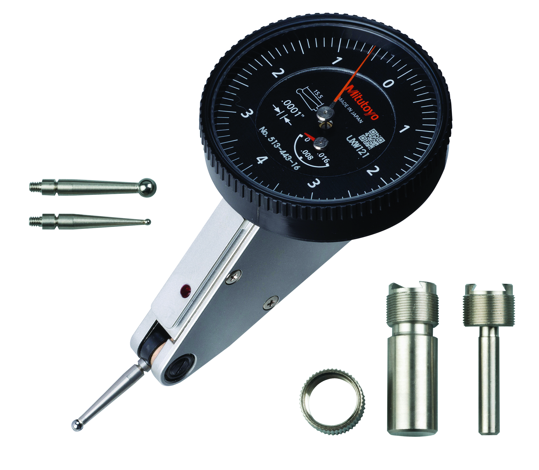 Mitutoyo, 513-443-16A, .0001 In, .16 In, Dial Test Indicator, 20 Degree Tilted Face, Basic Set, 0-4-0, 3/8 In Stem, .079 In Contact Point, 15mm Length, Anti-Magnet, Jeweled Bearing, Rev Counter, Black Dial