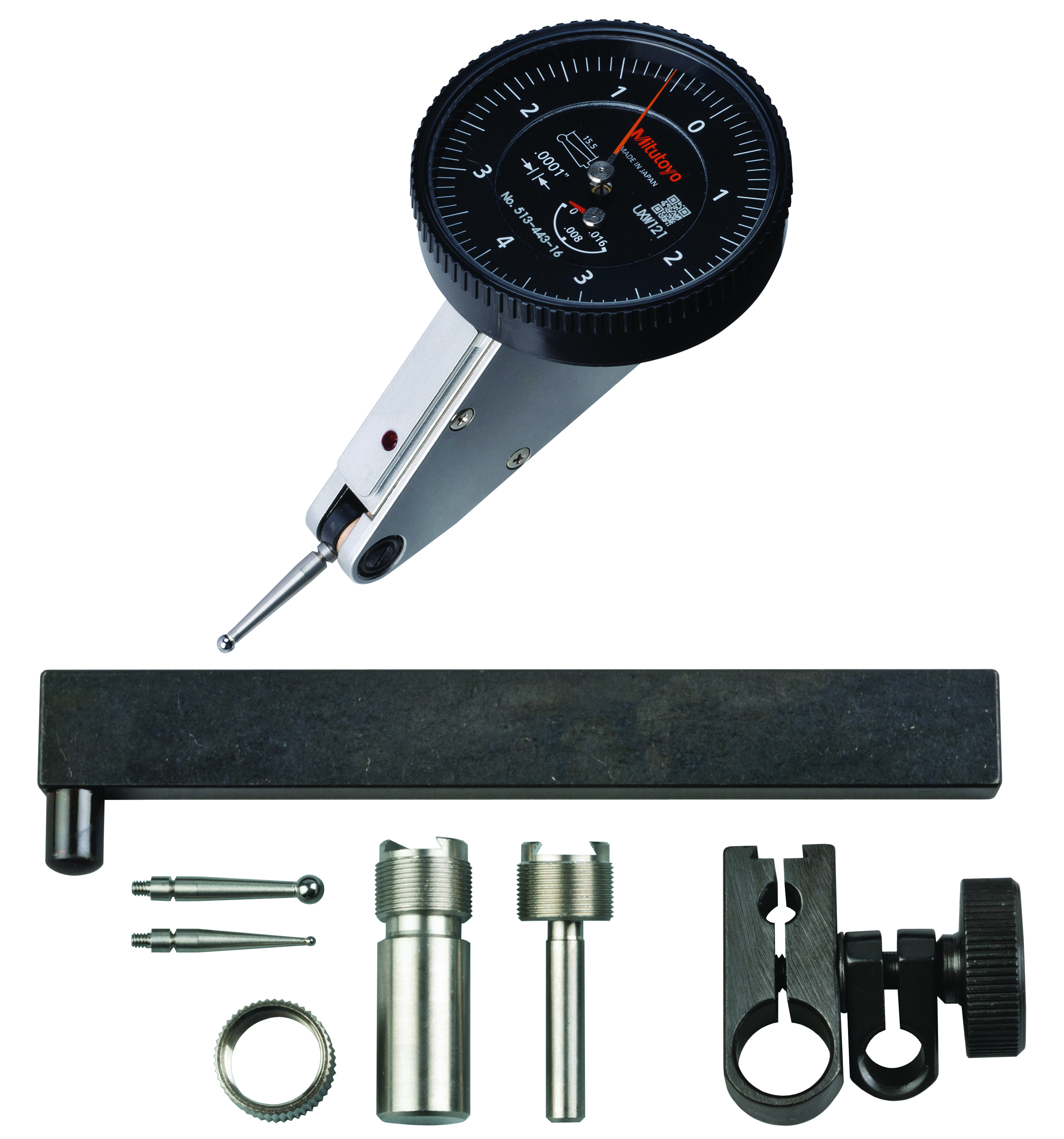 Mitutoyo, 513-443-16T, .0001 In, .16 In, Dial Test Indicator, 20 Degree Tilted Face, Full Set, 0-4-0, 3/8 In/.157 In Stems, .079 In/.039 In/.118 In Contact Points, Clamp and Hold Bar, 15mm Length, Anti-Magnet, Jeweled Bearing, Rev Counter, Black Dial