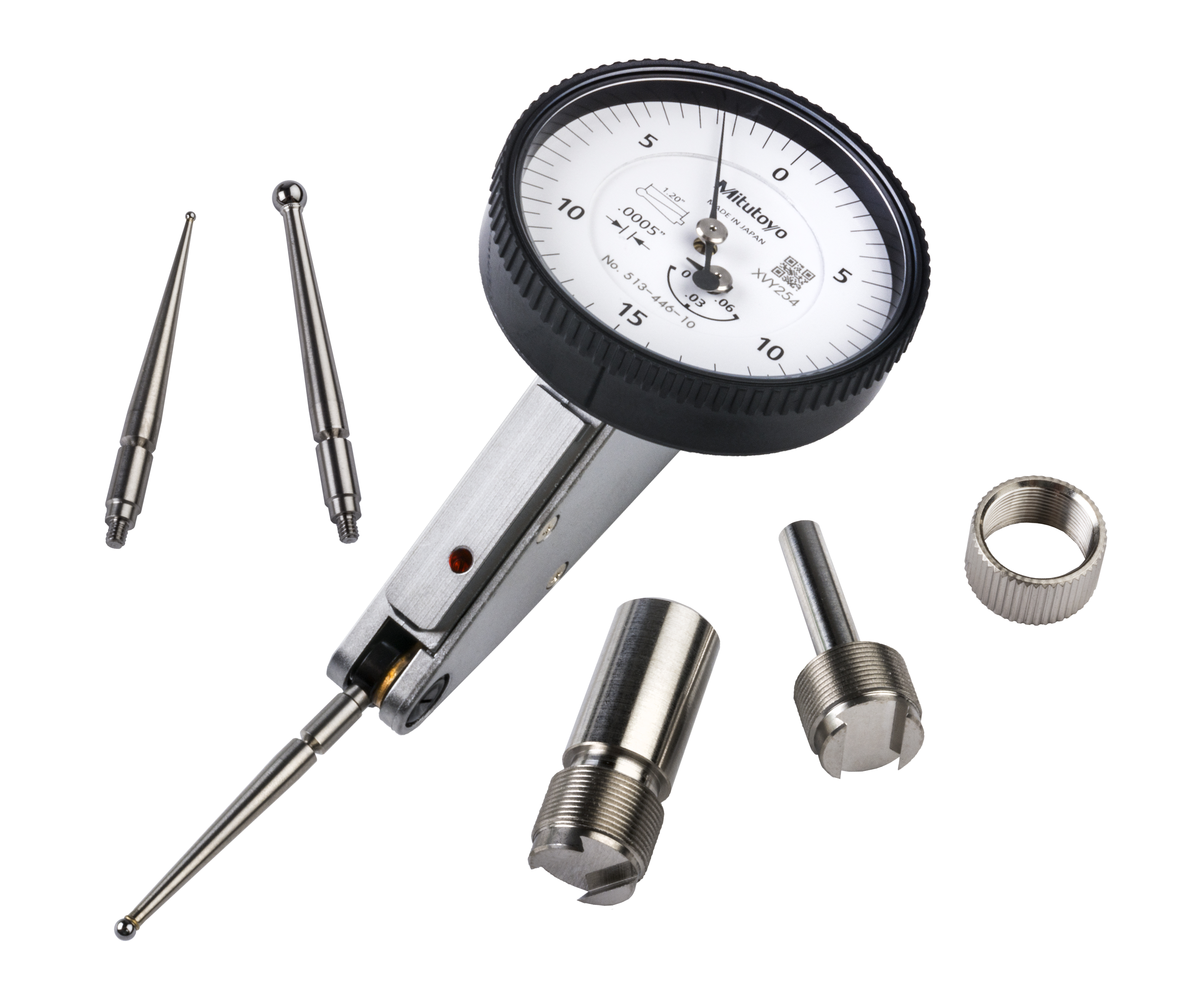 Mitutoyo, 513-446-10A, .0005 In, .06 In, Dial Test Indicator, 20 Degree Tilted Face, Basic Set, 0-15-0, 3/8 In Stem, .079 In Contact Point, 33.9mm Length, Anti-Magnet, Jeweled Bearing, Long Contact Point, Rev Counter