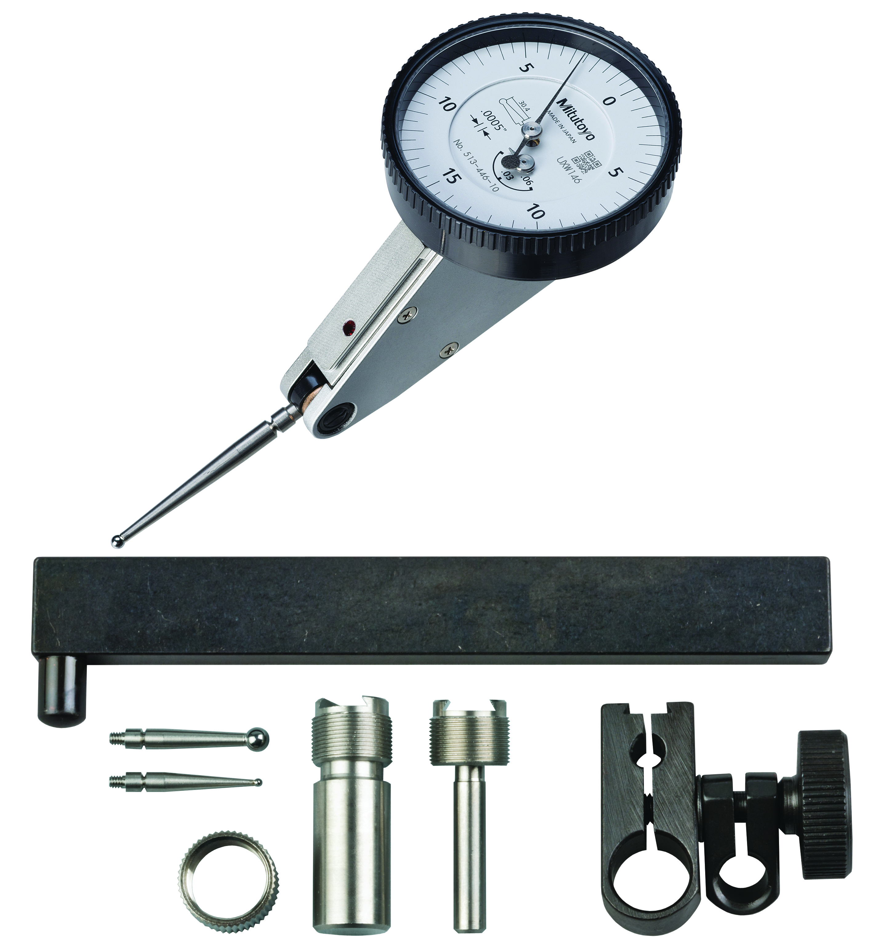 Mitutoyo, 513-446-10T, .0005 In, .06 In, Dial Test Indicator, 20 Degree Tilted Face, Full Set, 0-15-0, 3/8 In/.157 In Stems, .079 In/.039 In/.118 In Contact Points, Clamp and Hold Bar, 33.9mm Length, Anti-Magnet, Jeweled Bearing, Long Contact Point, Rev Counter