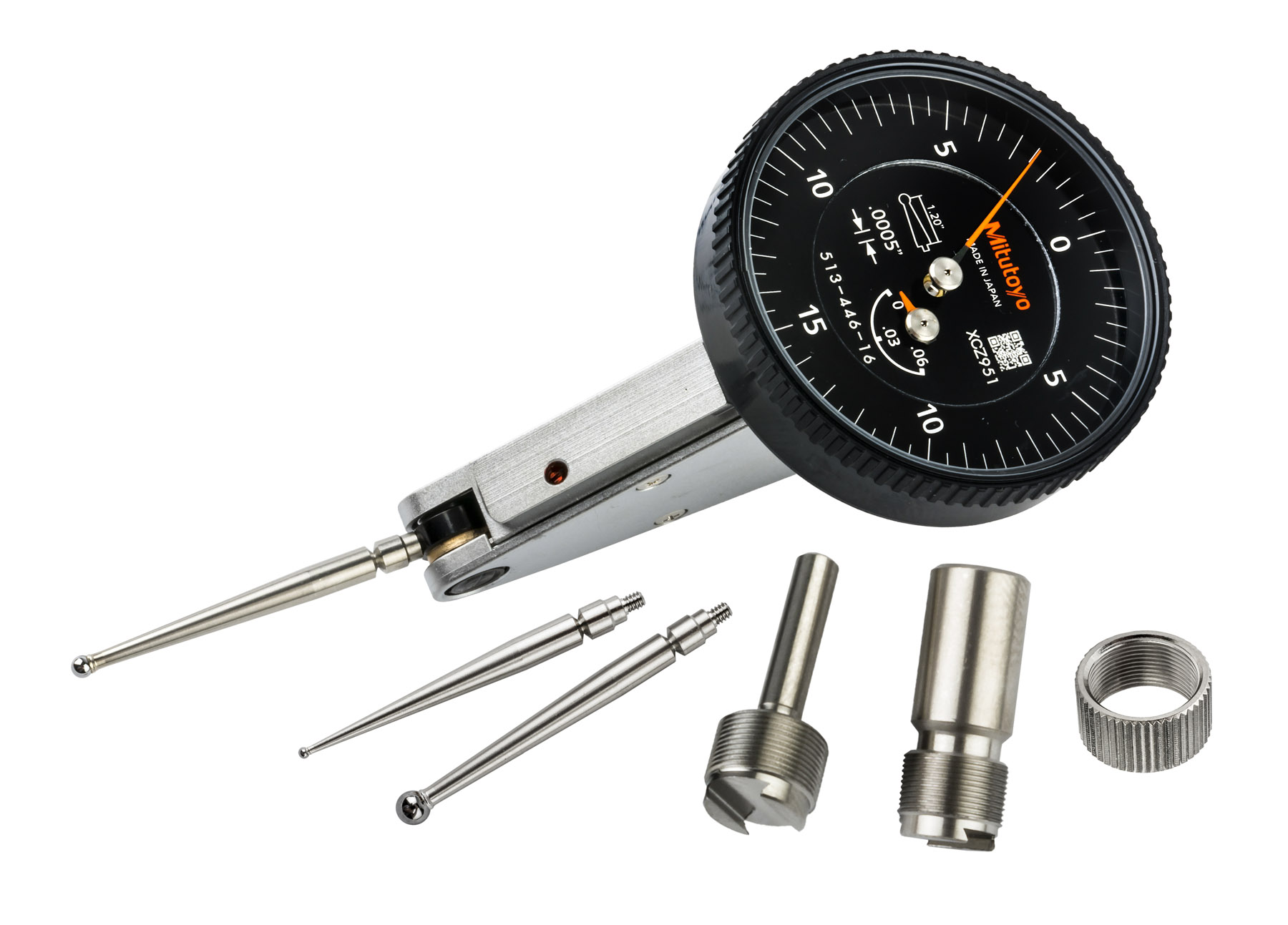 Mitutoyo, 513-446-16A, .0005 In, .06 In, Dial Test Indicator, 20 Degree Tilted Face, Basic Set, 0-15-0, 3/8 In Stem, .079 In Contact Point, 33.9mm Length, Anti-Magnet, Jeweled Bearing, Long Contact Point, Rev Counter, Black Dial