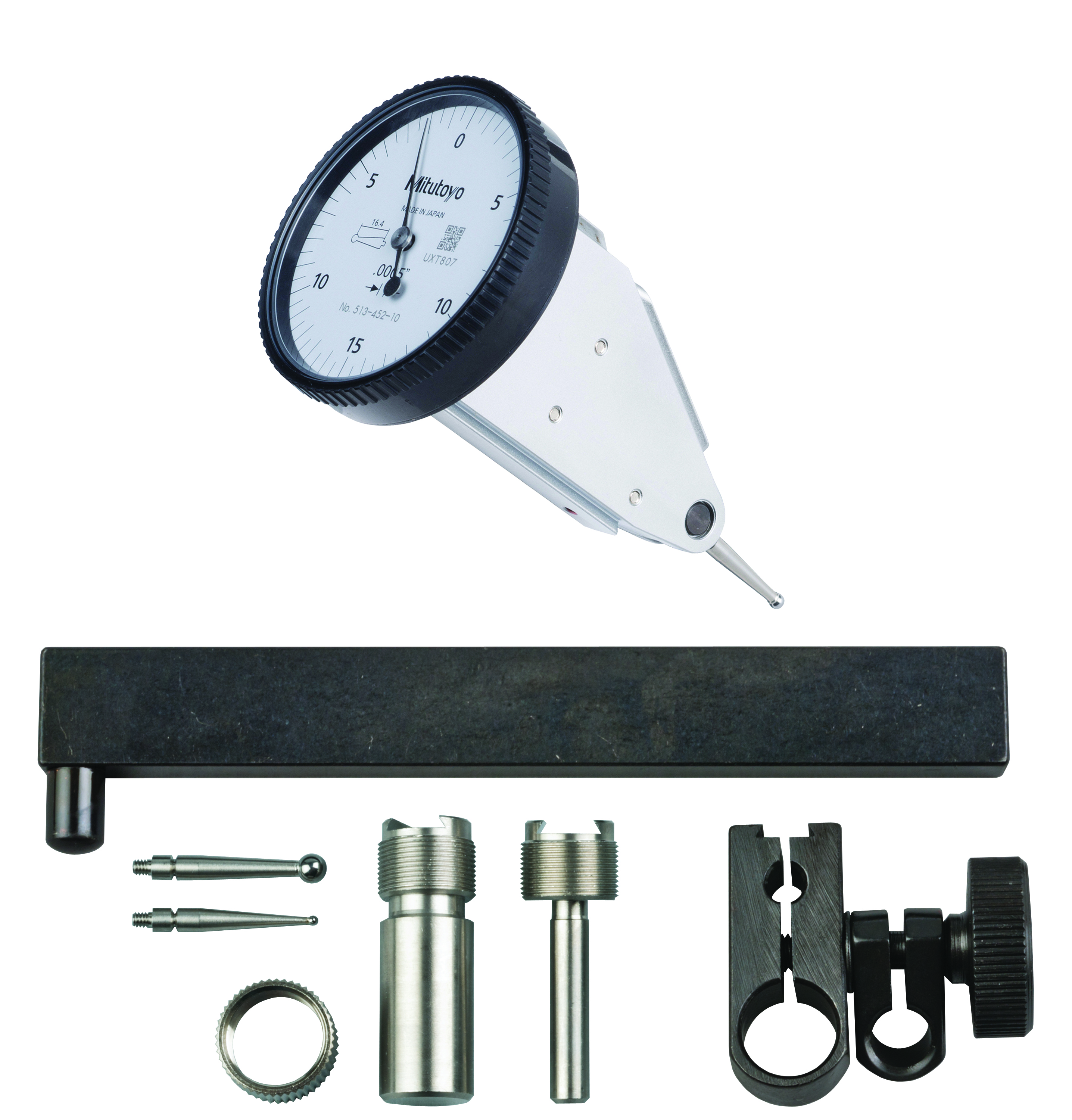 Mitutoyo, 513-452-10T, .0005 In, .03 In, Dial Test Indicator, Vertical, Full Set, 0-15-0, 3/8 In/.157 In Stems, .079 In/.039 In/.118 In Contact Points, Clamp and Hold Bar, 19.9mm Length, Anti-Magnet, Jeweled Bearing