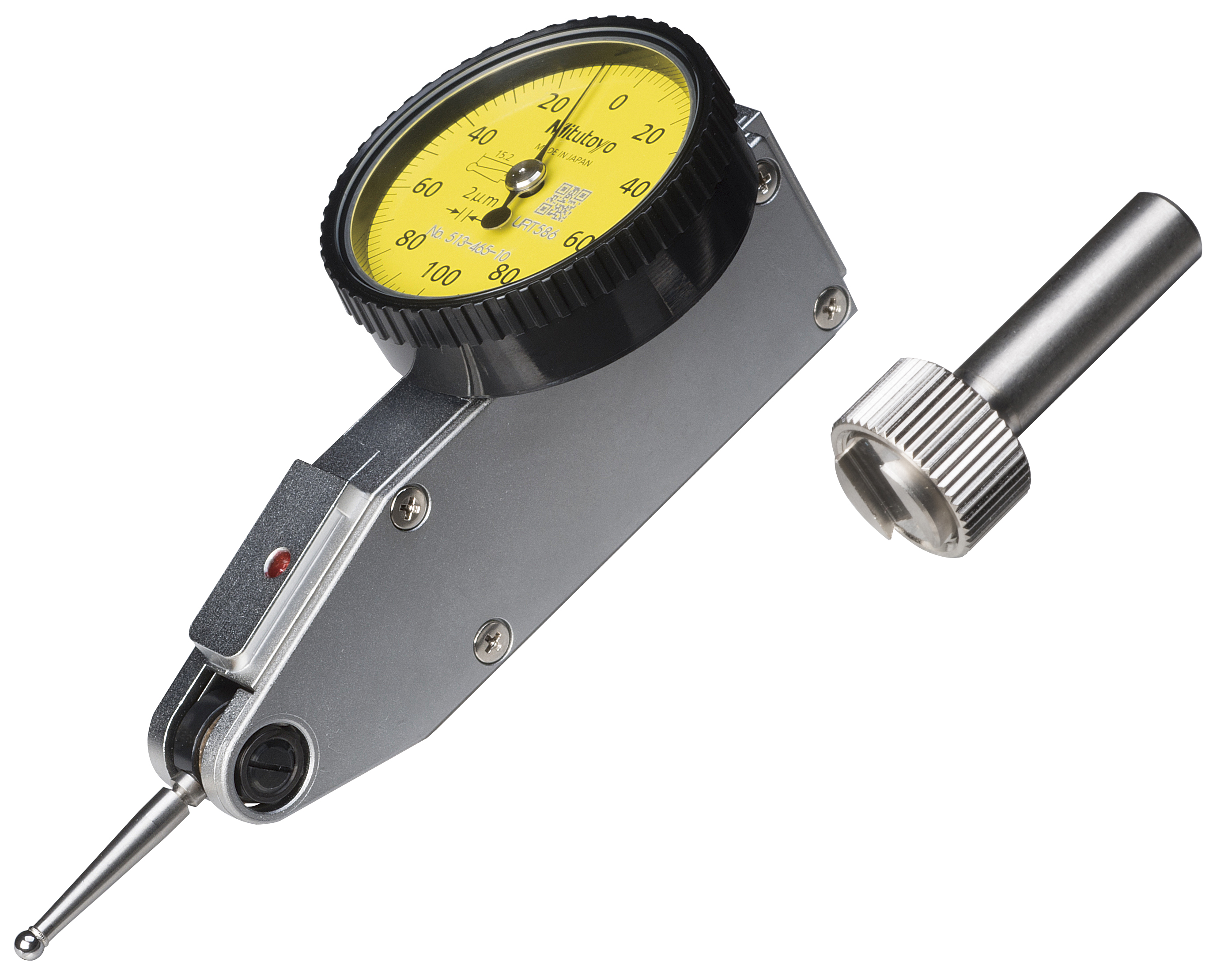 Mitutoyo, 513-465-10E, Dial test indicator, horizontal (20 degree tilted face), .002mm graduation, .2mm range, 4um accuracy, 0-100-0 dial reading, 0.3N or less measuring force, 14.7mm L