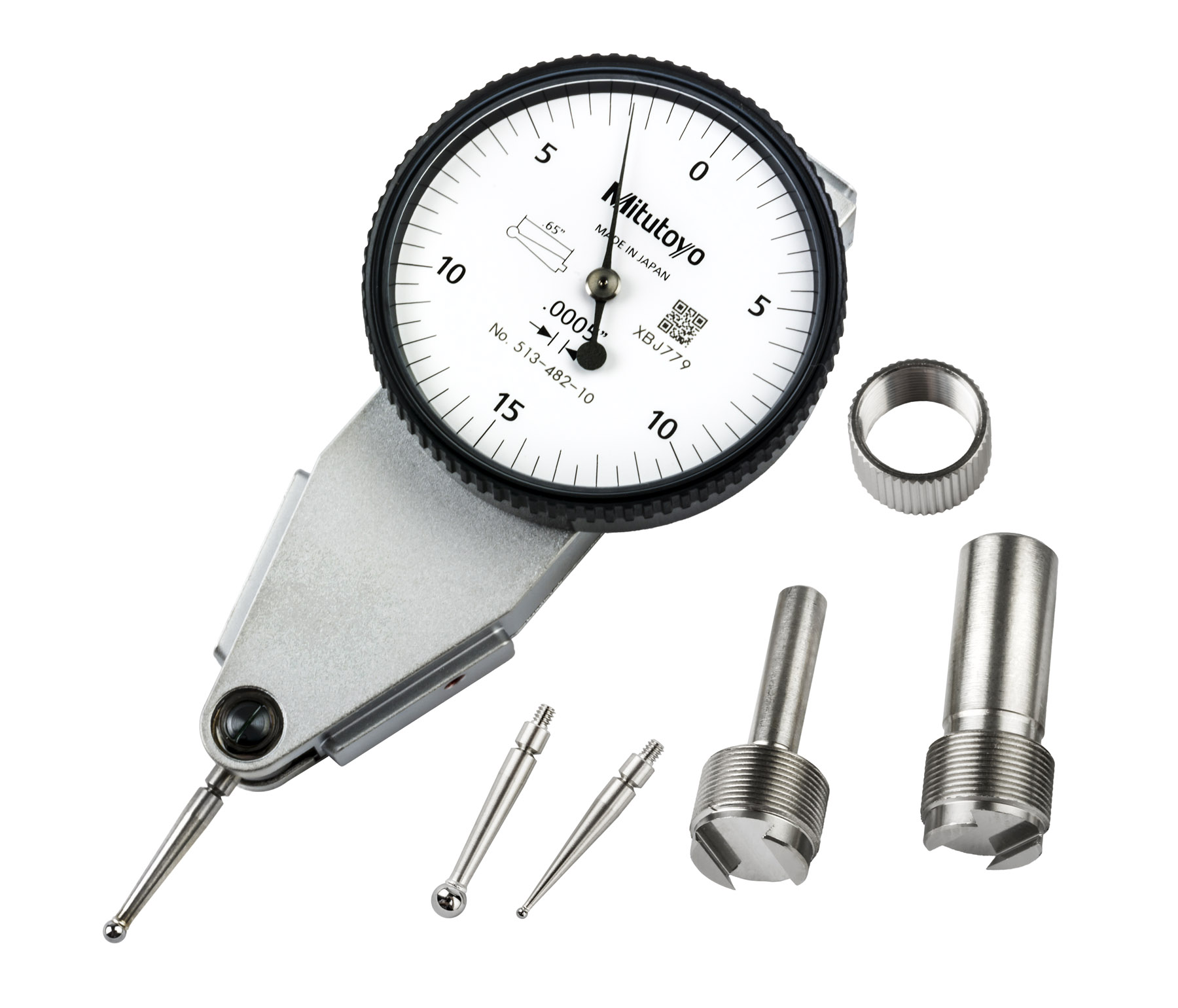 Mitutoyo, 513-482-10A, Dial Test Indicator, horizontal (20 degree tilted face), parallel type, .0005 In graduation, basic set, .03 In range, .0005 In accuracy, 0-15-0 dial reading, .3N or less measuring force, 68g mass, 20mm L