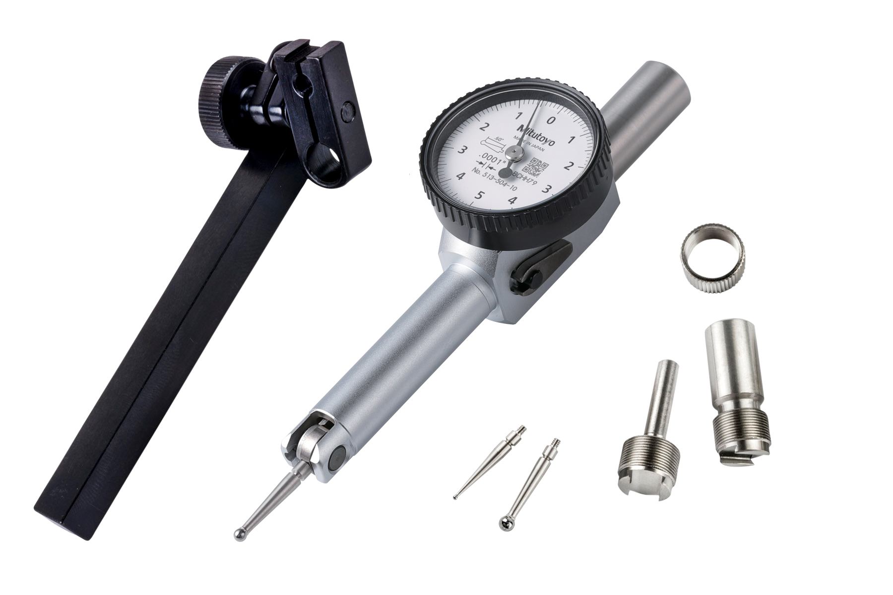 Mitutoyo, 513-504-10T, .0001 In, .01 In, Dial Test Indicator, Pocket Type, Full Set, 0-5-0, 3/8 In/.157 In Stems, .079 In/.039 In/.118 In Contact Points, Clamp and Hold Bar, 18.7mm Length,  Jeweled Bearing