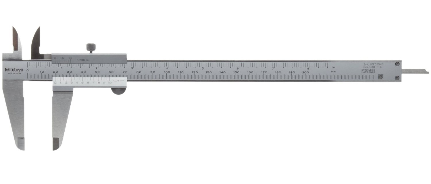 Mitutoyo, 530-114, 0-200mm/0-8 In, Vernier Caliper, 0.05mm and 1/128 In Dual Scale