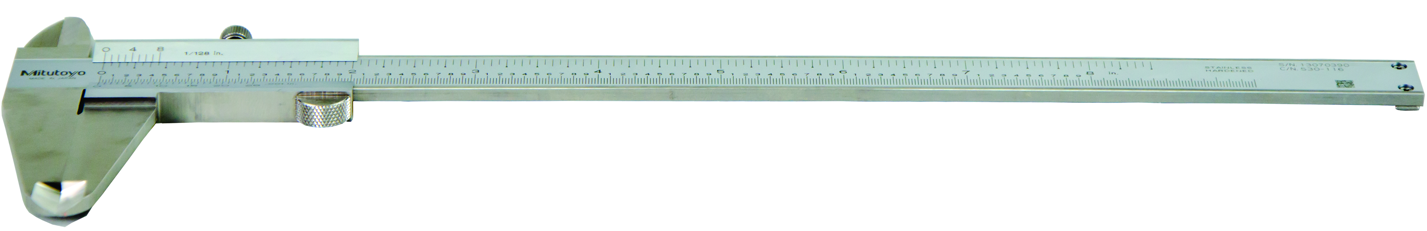 Mitutoyo, 530-116, 0-8 In, .001 In and 1/128 In, Vernier Caliper, Dual Scale