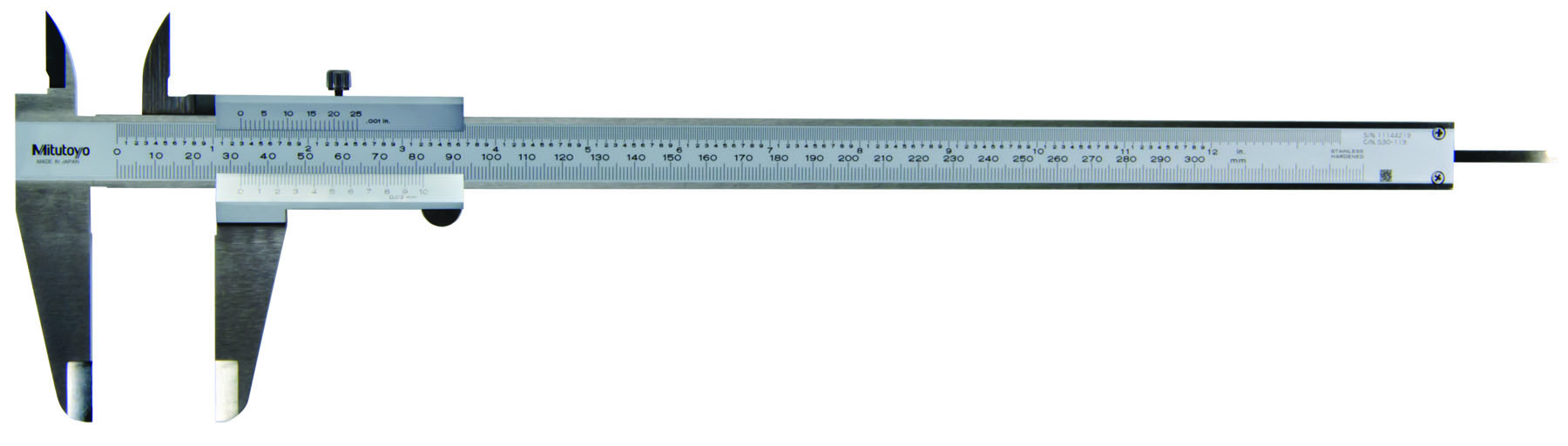 Mitutoyo, 530-119, 0-300mm/0-12 In, 0.02mm/.001 In, Vernier Caliper, High Accuracy, Dual Scale