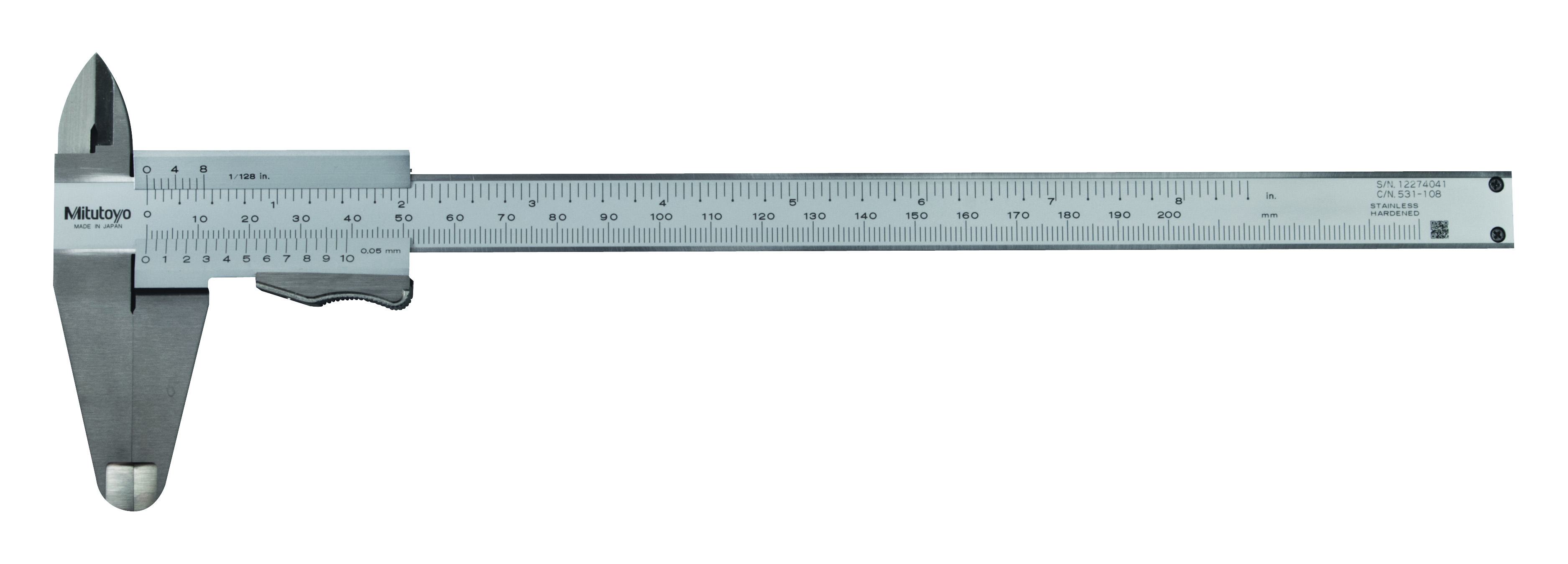 Mitutoyo, 531-108, 0-200mm/0-8 In, .05mm/1/128 In, Vernier Caliper, Thumb Clamp, Dual Scale